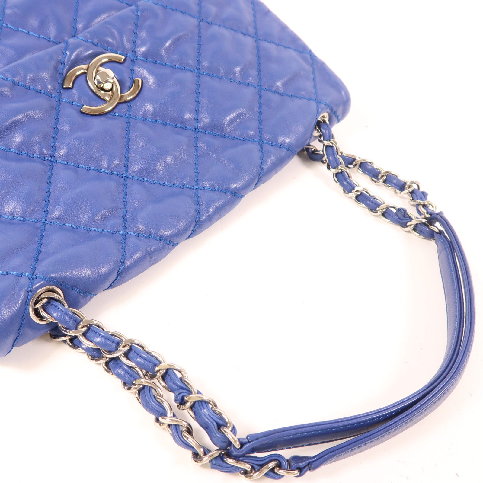 CHANEL 羊皮皮革Chain Shoulder銀扣鏈帶肩背袋藍色