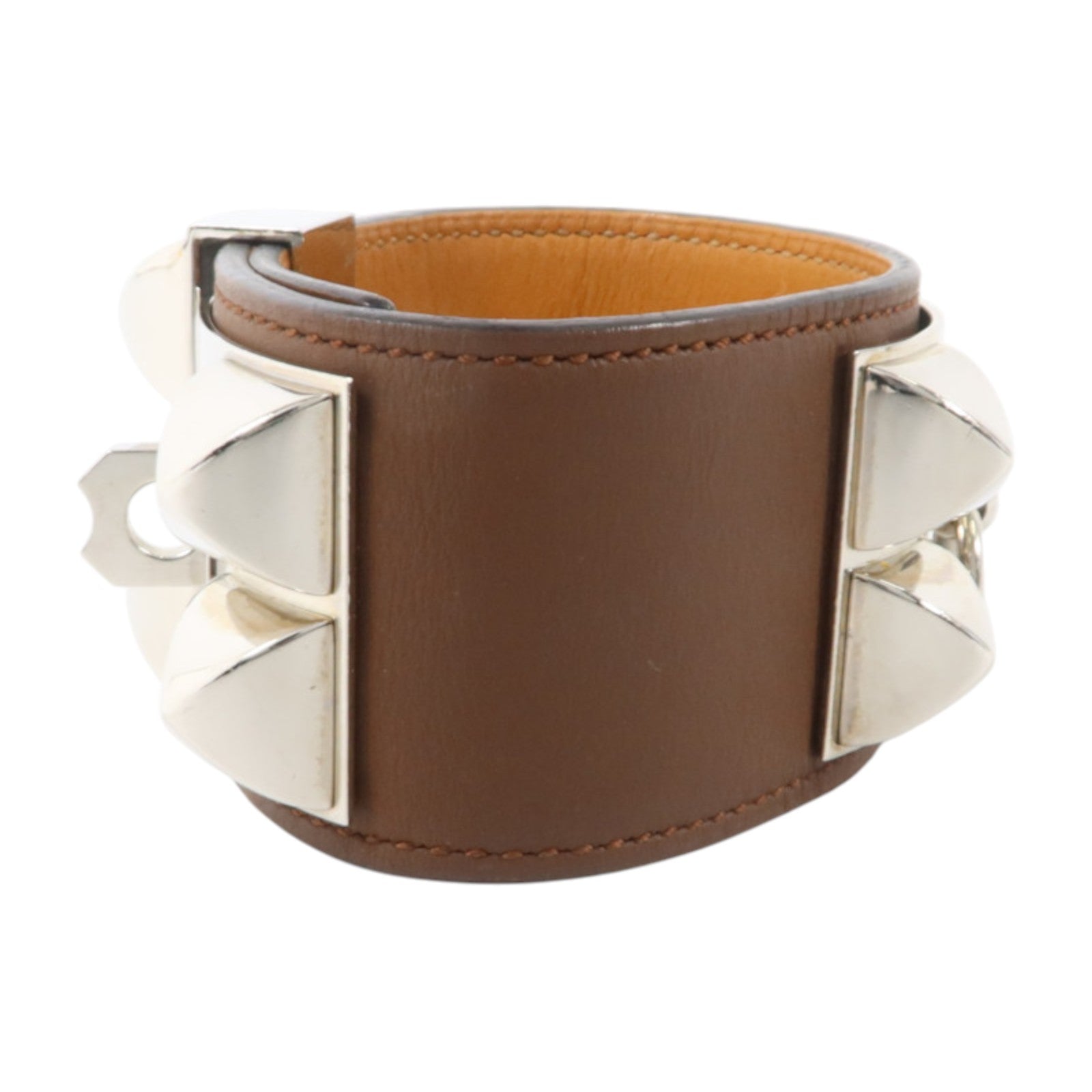 HERMES Barenia皮革Collier De Chien銀扣手鐲