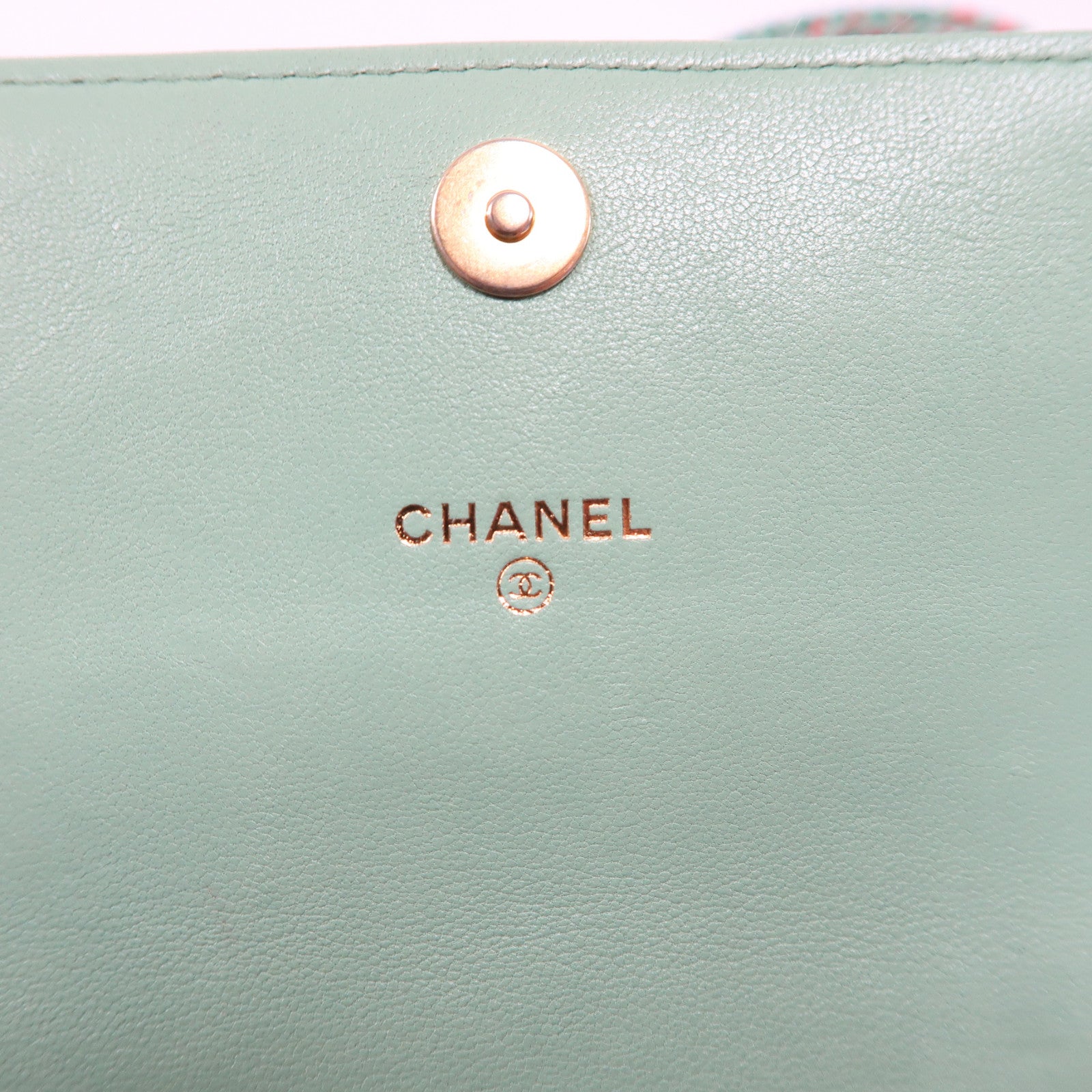 CHANEL 菱格羊皮皮革Chain Shoulder金扣鏈帶肩背袋粉紅色/綠色