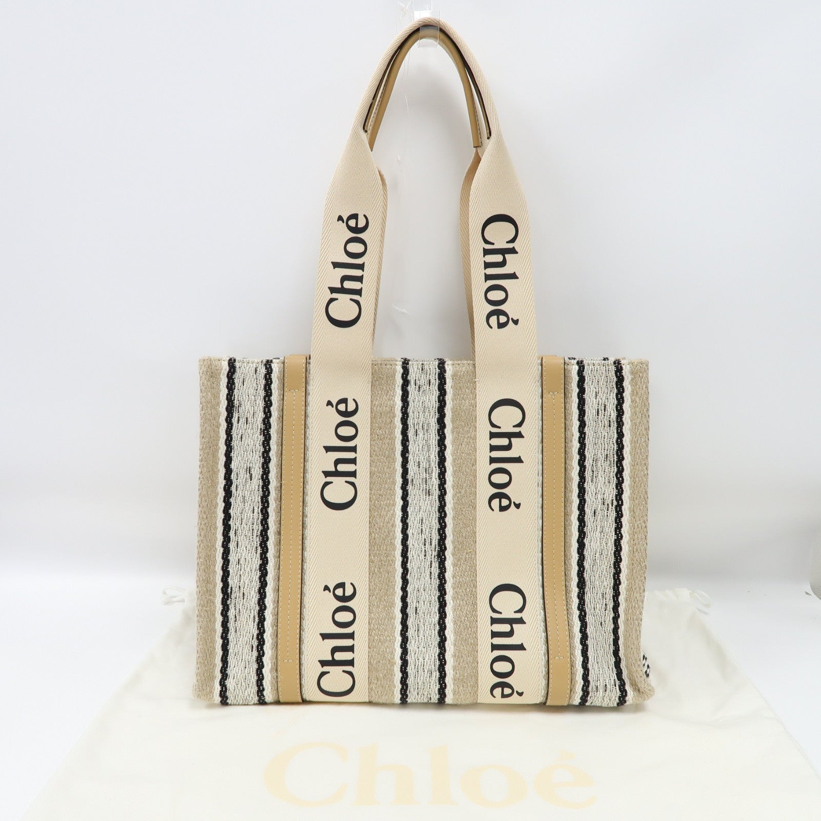 Chloe 帆布Woody Medium Tote手挽袋米色/黑色