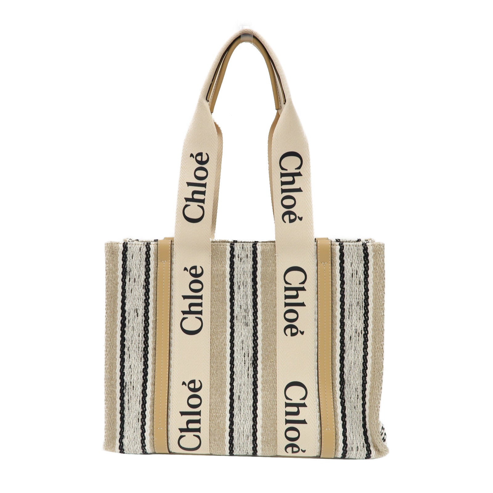 Chloe 帆布Woody Medium Tote手挽袋米色/黑色