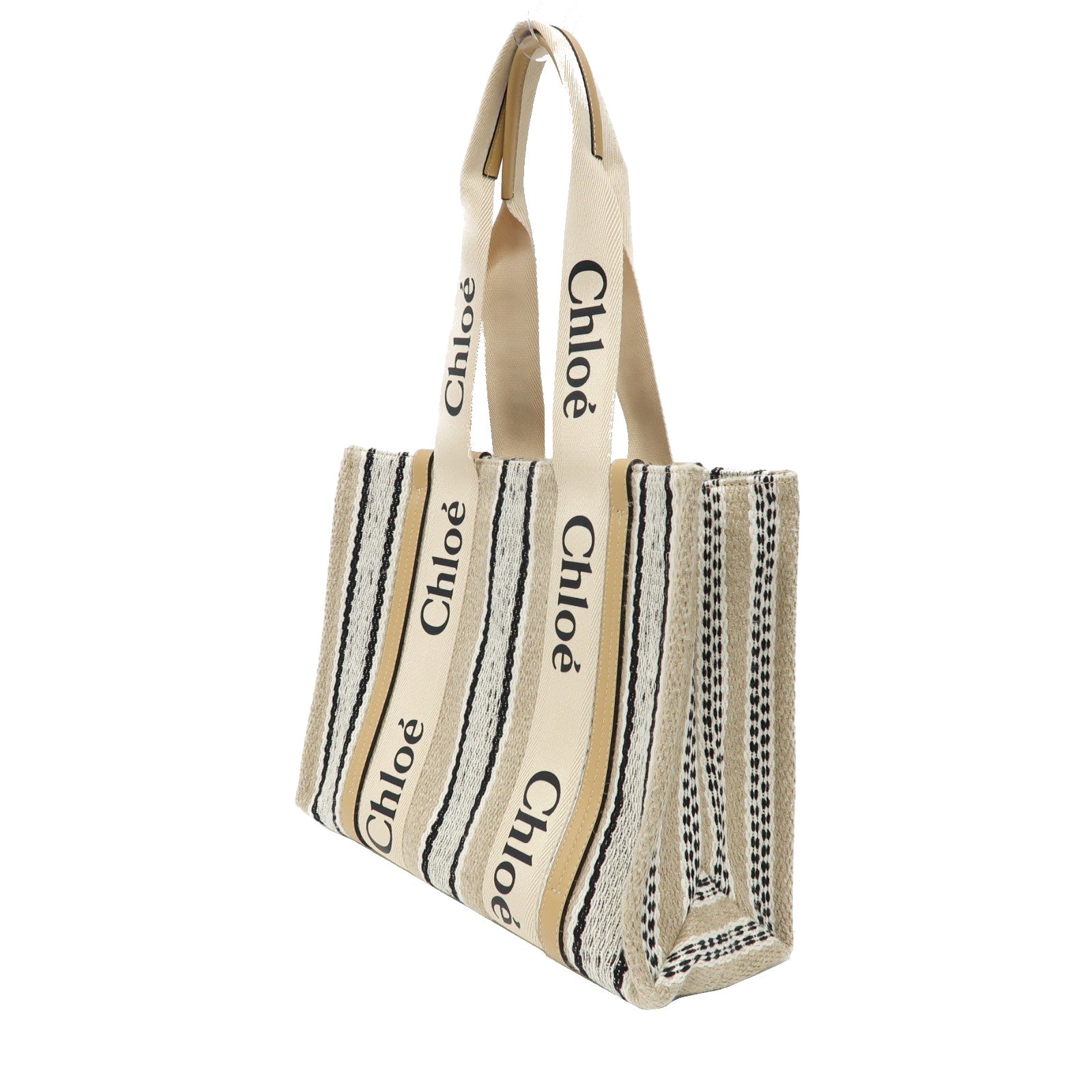 Chloe 帆布Woody Medium Tote手挽袋米色/黑色