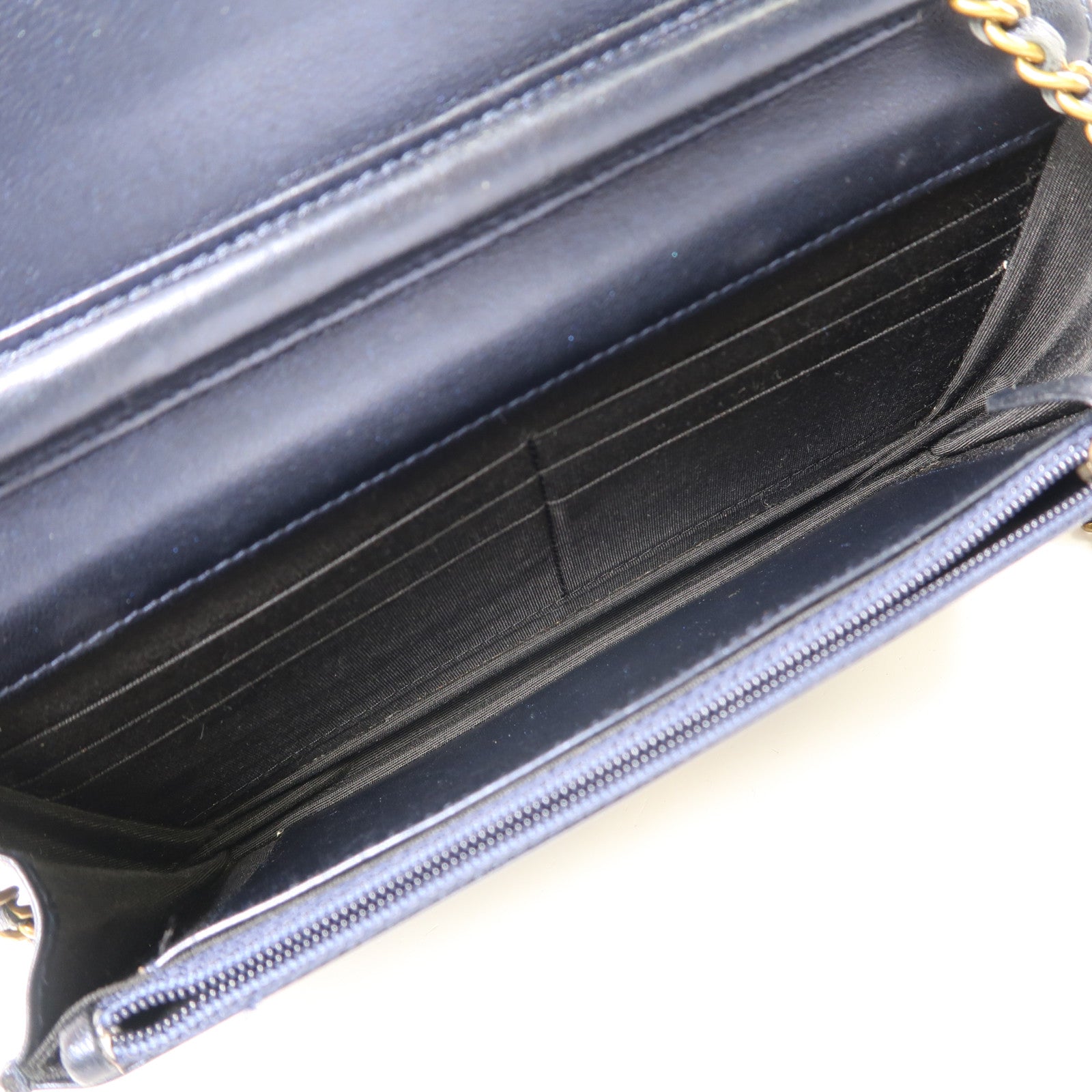 CHANEL 羊皮皮革WOC Wallet On Chain金扣鏈帶肩背袋深藍色/綠色