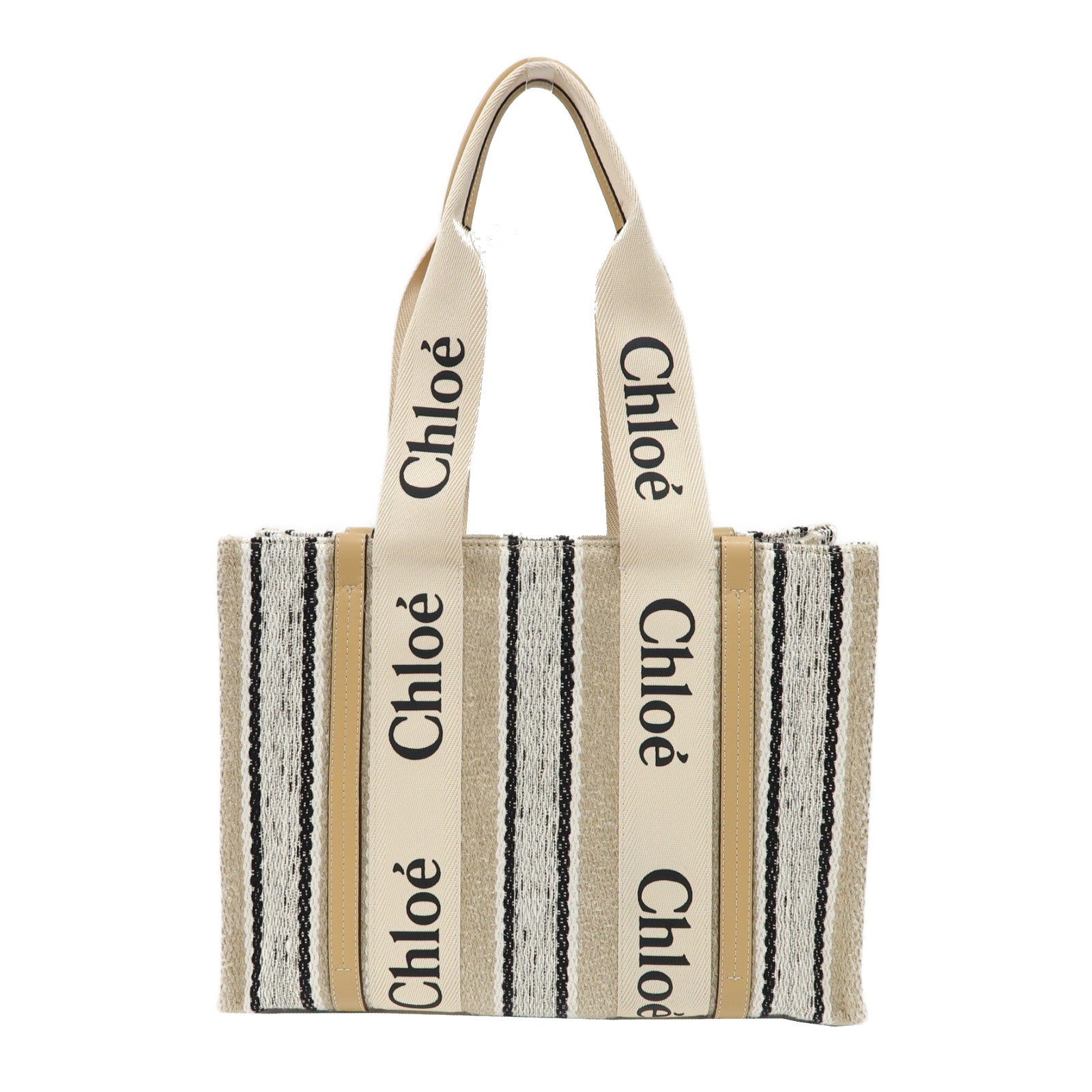 Chloe 帆布Woody Medium Tote手挽袋米色/黑色