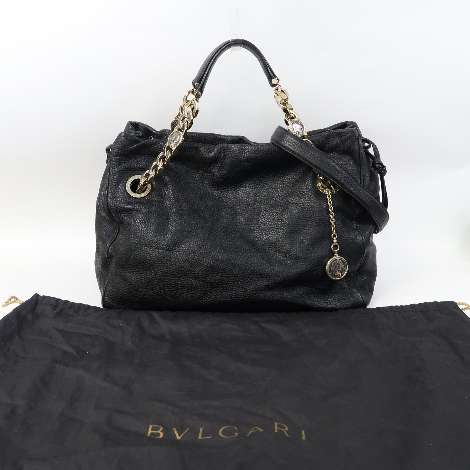 BVLGARI (PRICE DOWN) GHW Monete 2 Way Shoulder Bag Leather Black