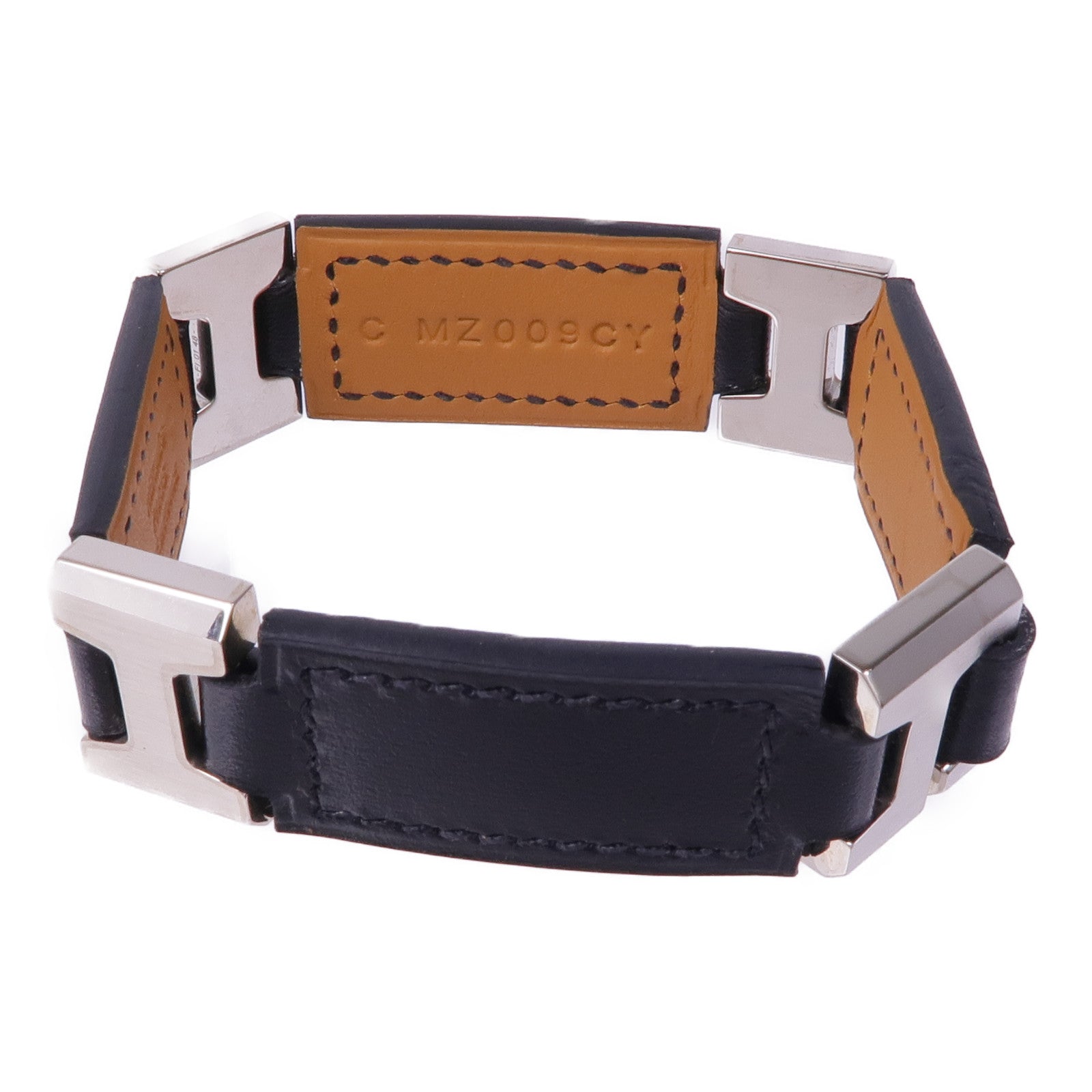 HERMES 皮革Bracelet銀扣手帶Noir