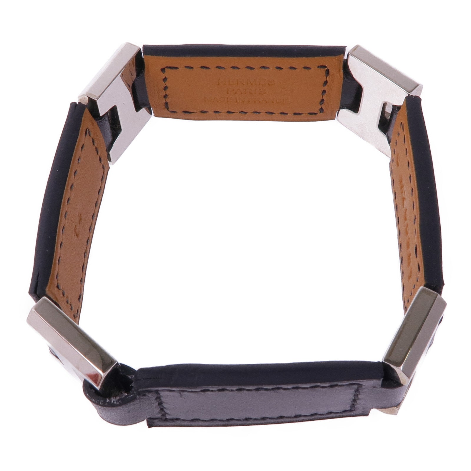 HERMES 皮革Bracelet銀扣手帶Noir