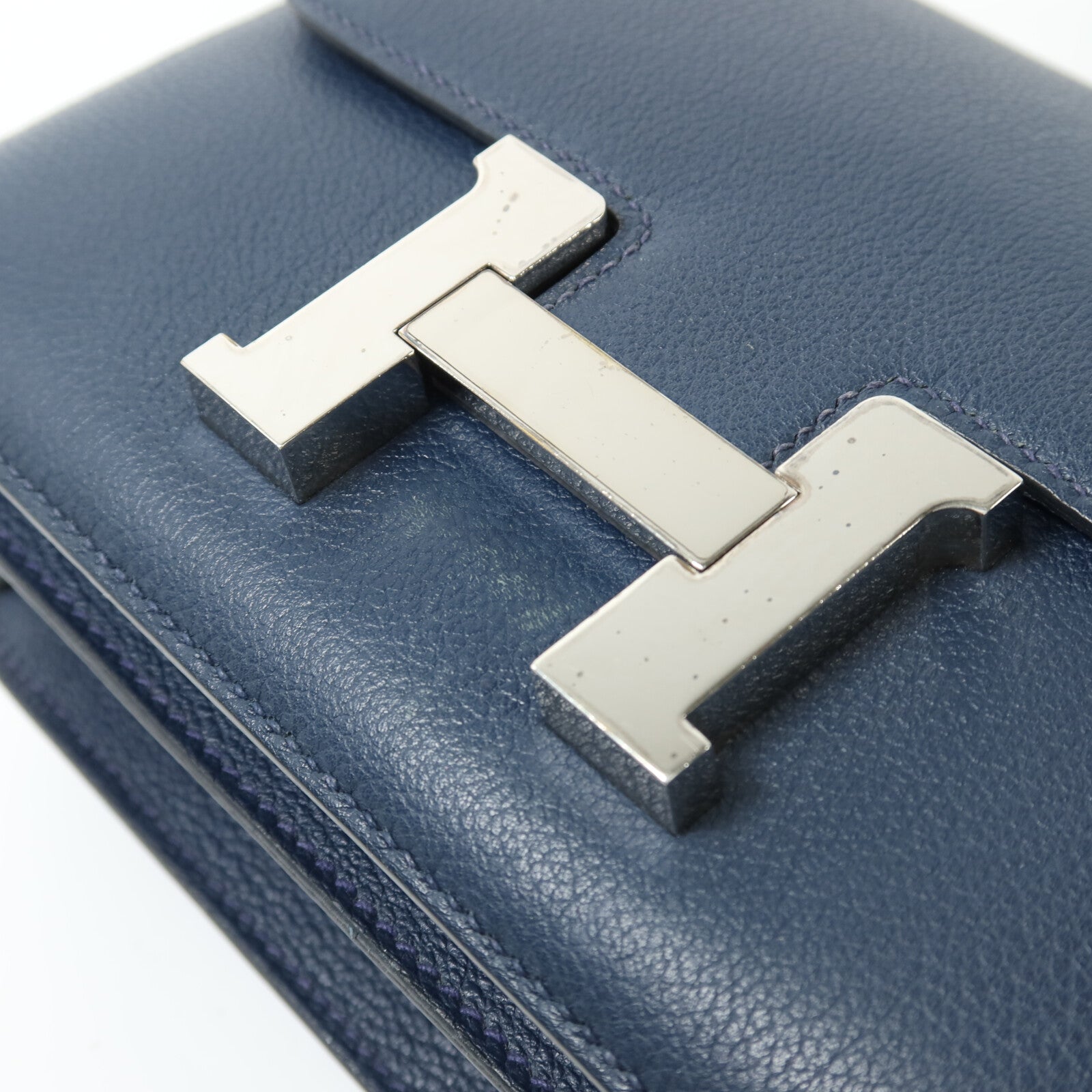HERMES Evercolor皮革Constance Mini銀扣肩背袋Bleu de Malte