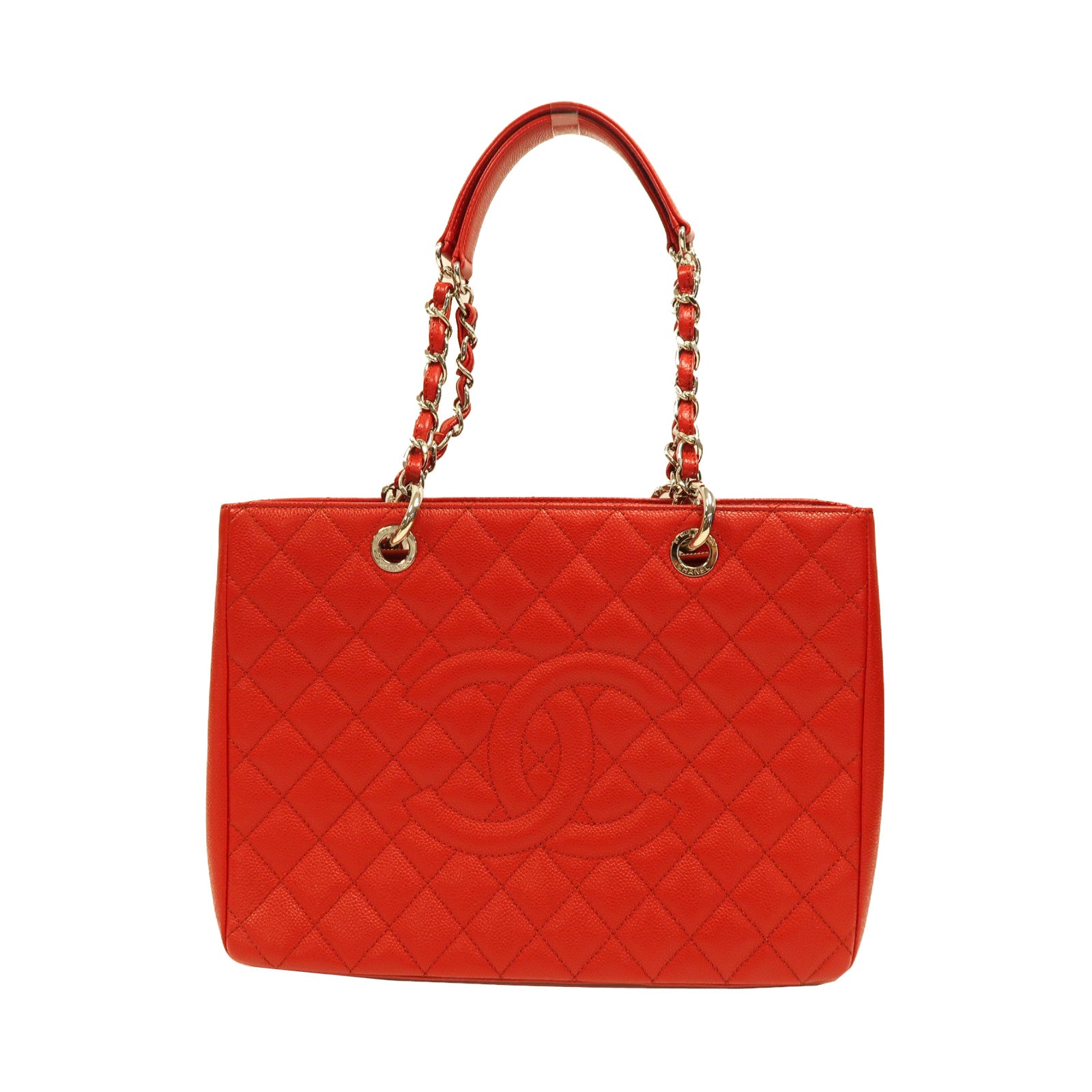 CHANEL 【激減優惠】菱格Caviar皮革Grand Shopping Tote Bag銀扣手挽袋紅色
