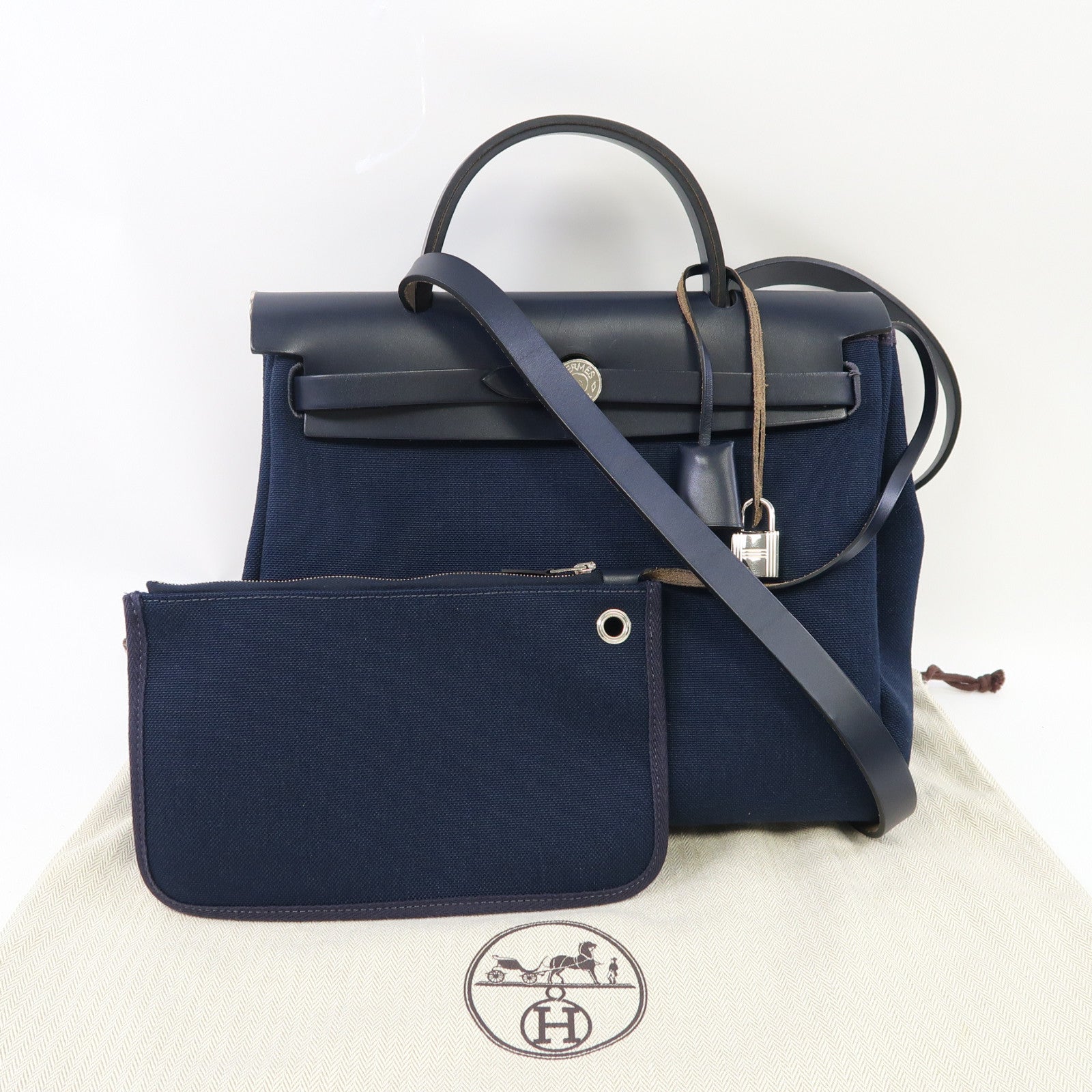 HERMES 帆布Herbag PM銀扣手挽肩背兩用袋藍色