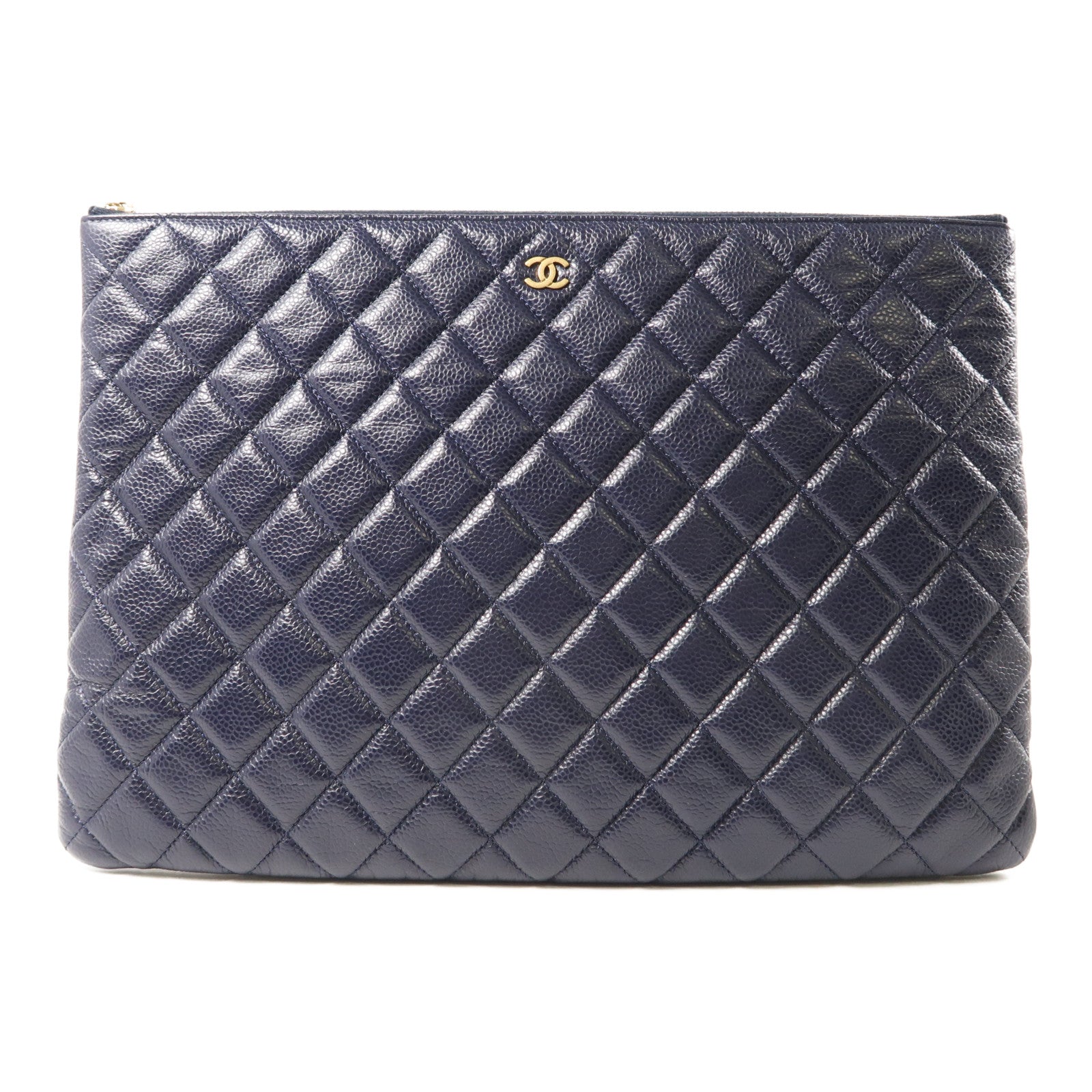 CHANEL 牛皮皮革Clutch金扣手拿包深藍色