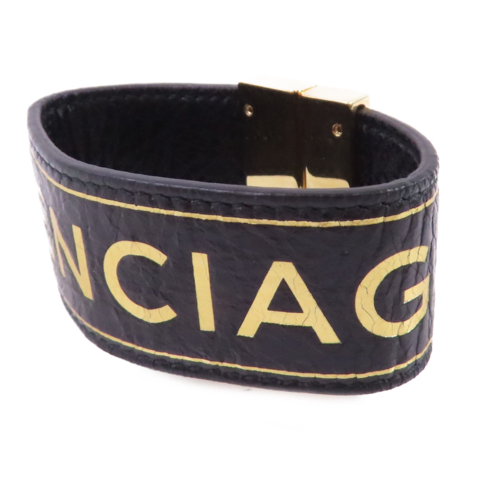 BALENCIAGA (PRICE DOWN) GHW Bracelet Bangle Calfskin Leather Metal Black Gold