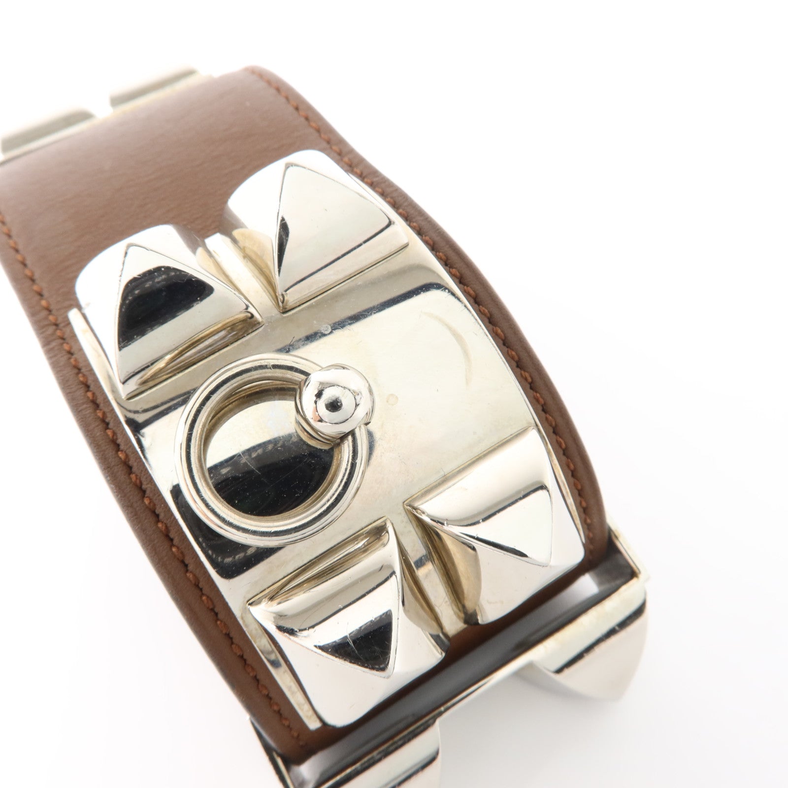 HERMES Barenia皮革Collier De Chien銀扣手鐲