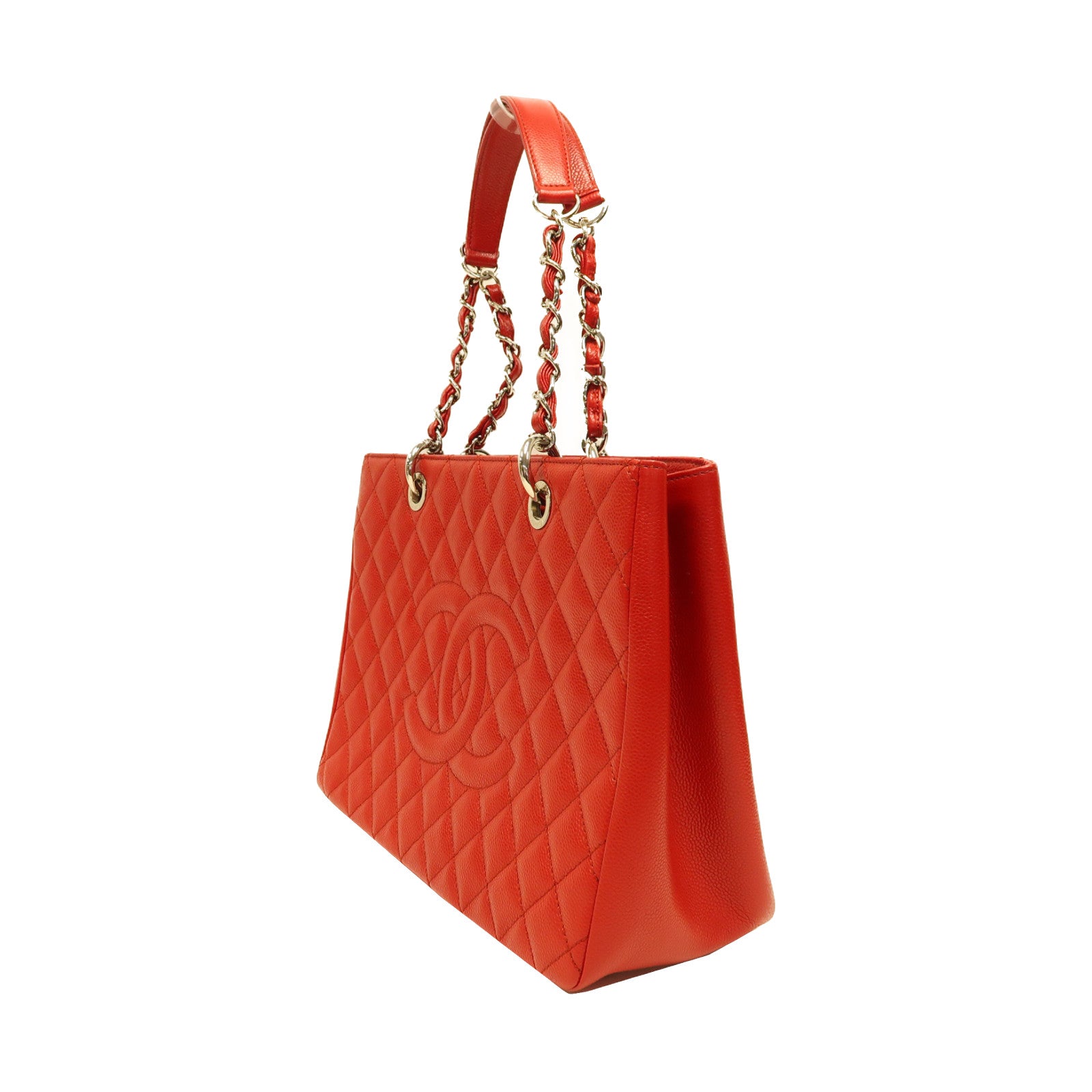 CHANEL 【激減優惠】菱格Caviar皮革Grand Shopping Tote Bag銀扣手挽袋紅色