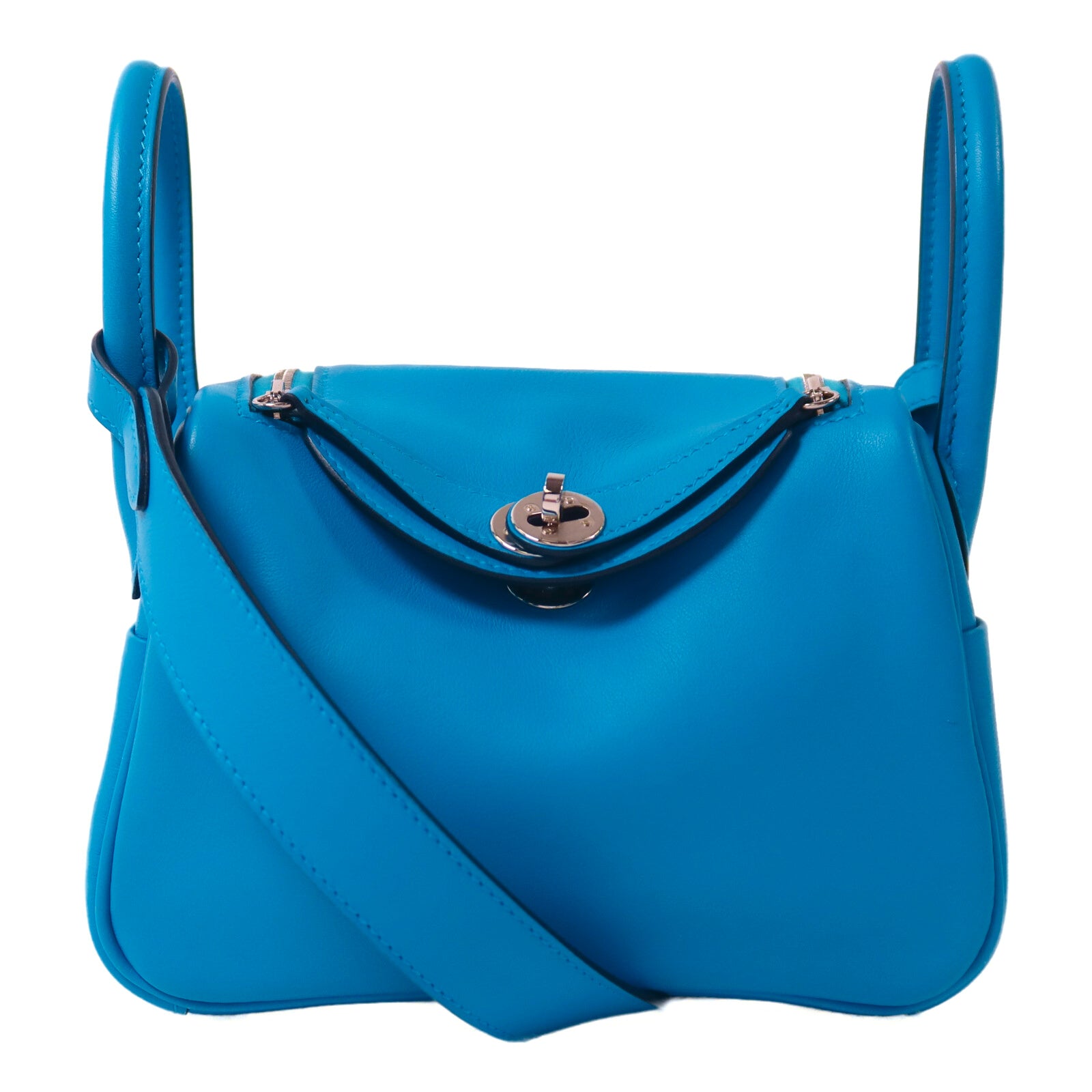 HERMES Swift皮革Mini Lindy銀扣手挽肩背兩用袋Bleu Frida