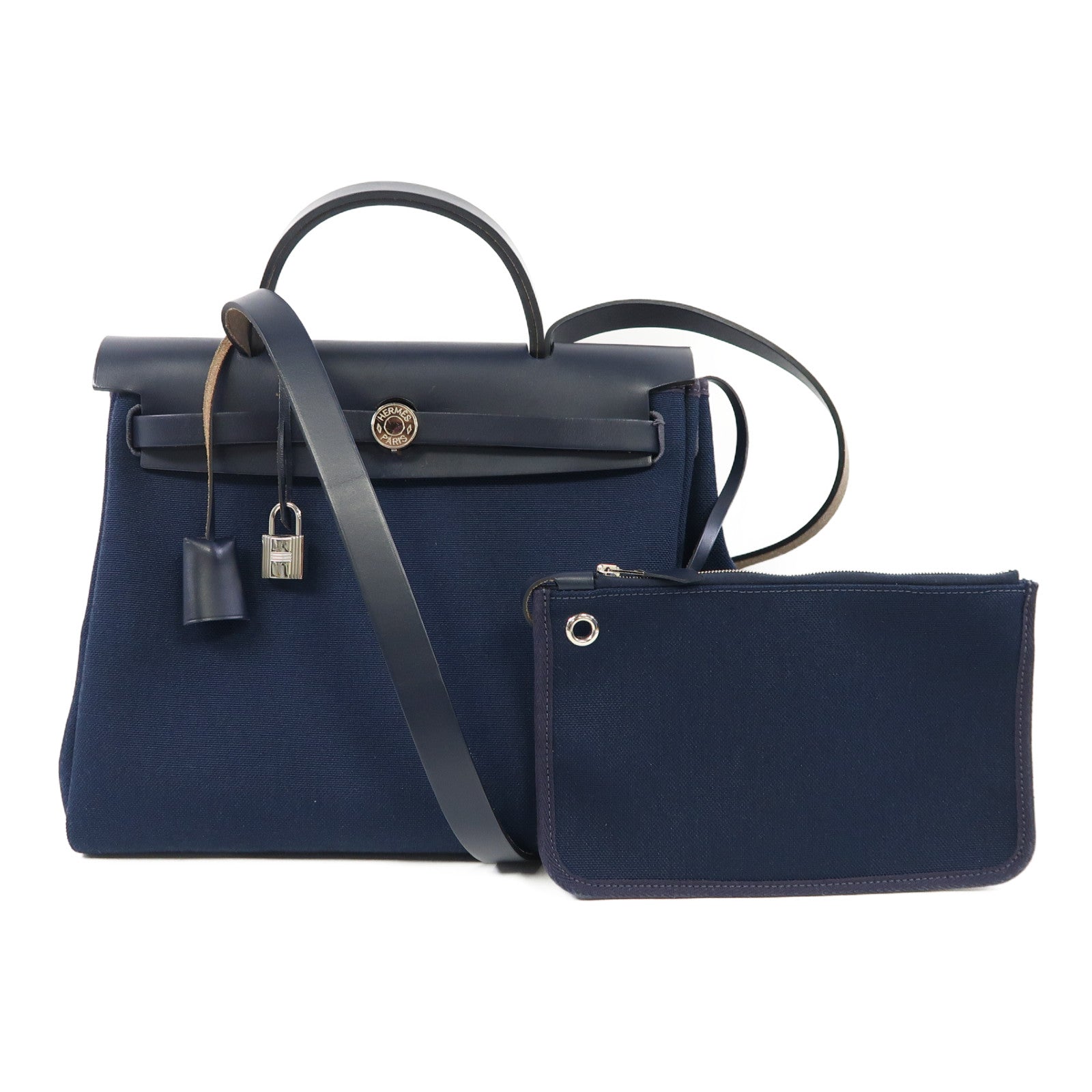 HERMES 帆布Herbag PM銀扣手挽肩背兩用袋藍色