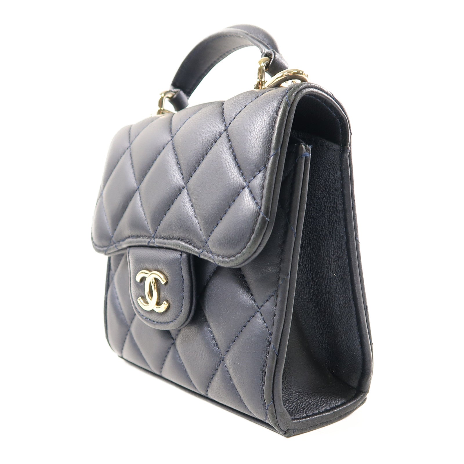 CHANEL 菱格羊皮皮革Matrasse Mini金扣鏈帶手挽肩背兩用袋深藍色
