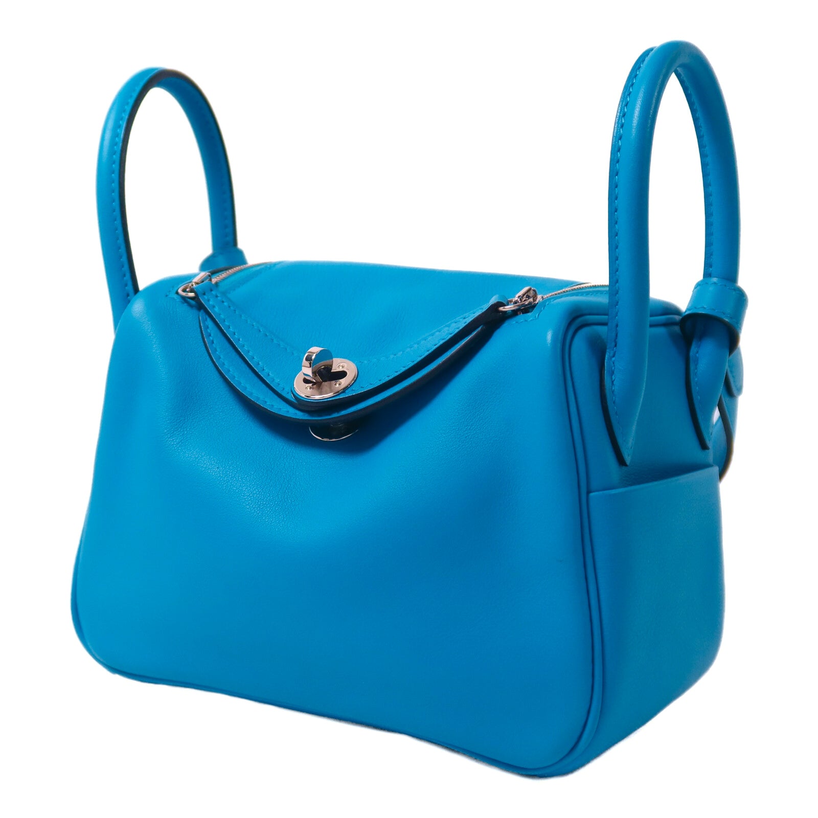 HERMES Swift皮革Mini Lindy銀扣手挽肩背兩用袋Bleu Frida