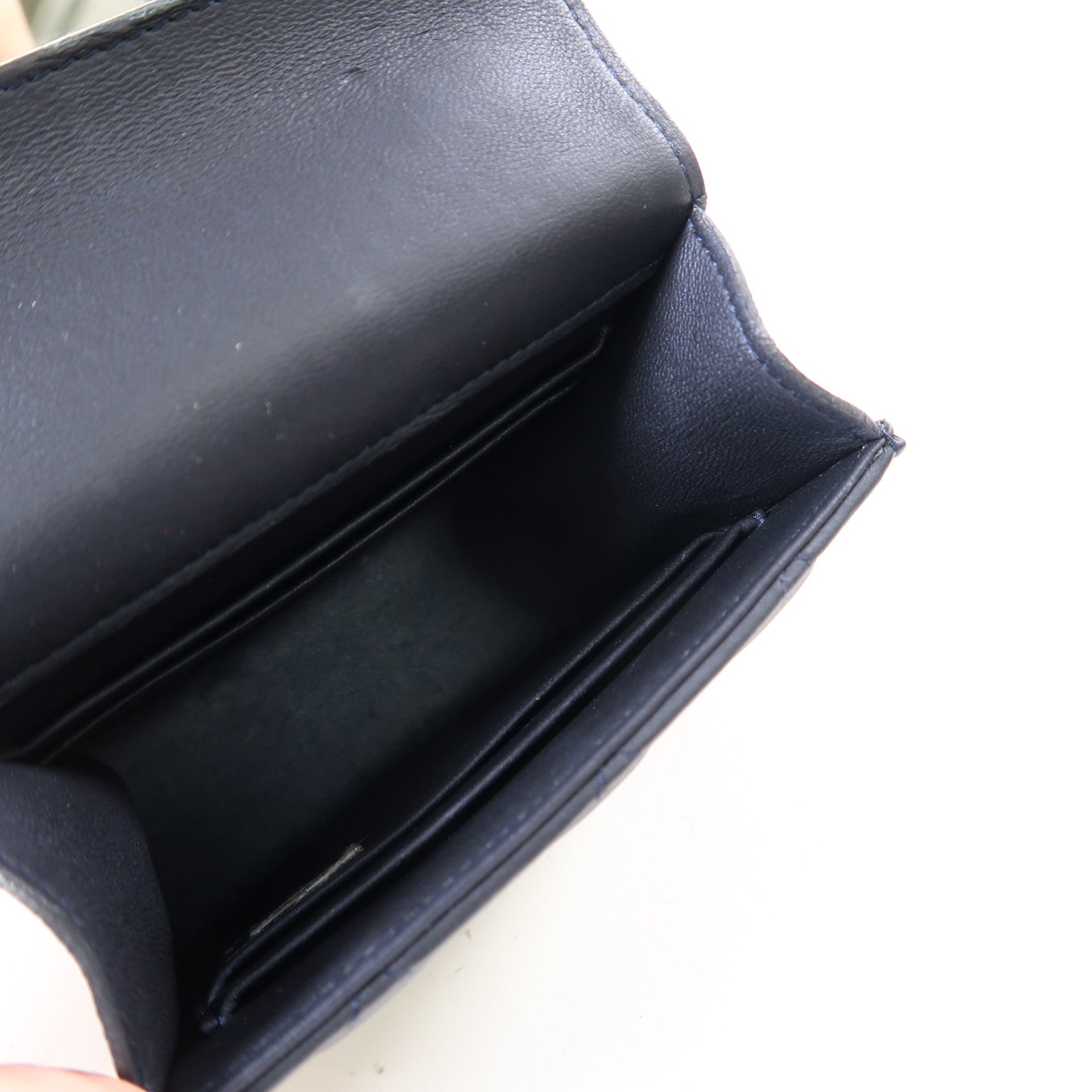 CHANEL 菱格羊皮皮革Matrasse Mini金扣鏈帶手挽肩背兩用袋深藍色