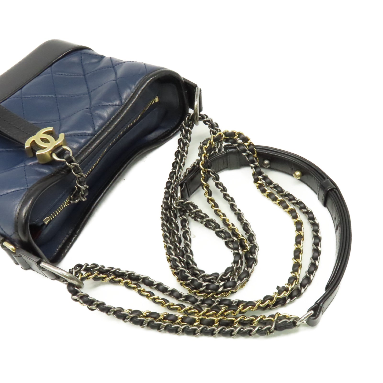 CHANEL 【激減優惠】菱格牛皮皮革Gabrielle Mini Chain Shoulder Bag金扣鏈帶肩背袋寶藍色/黑色