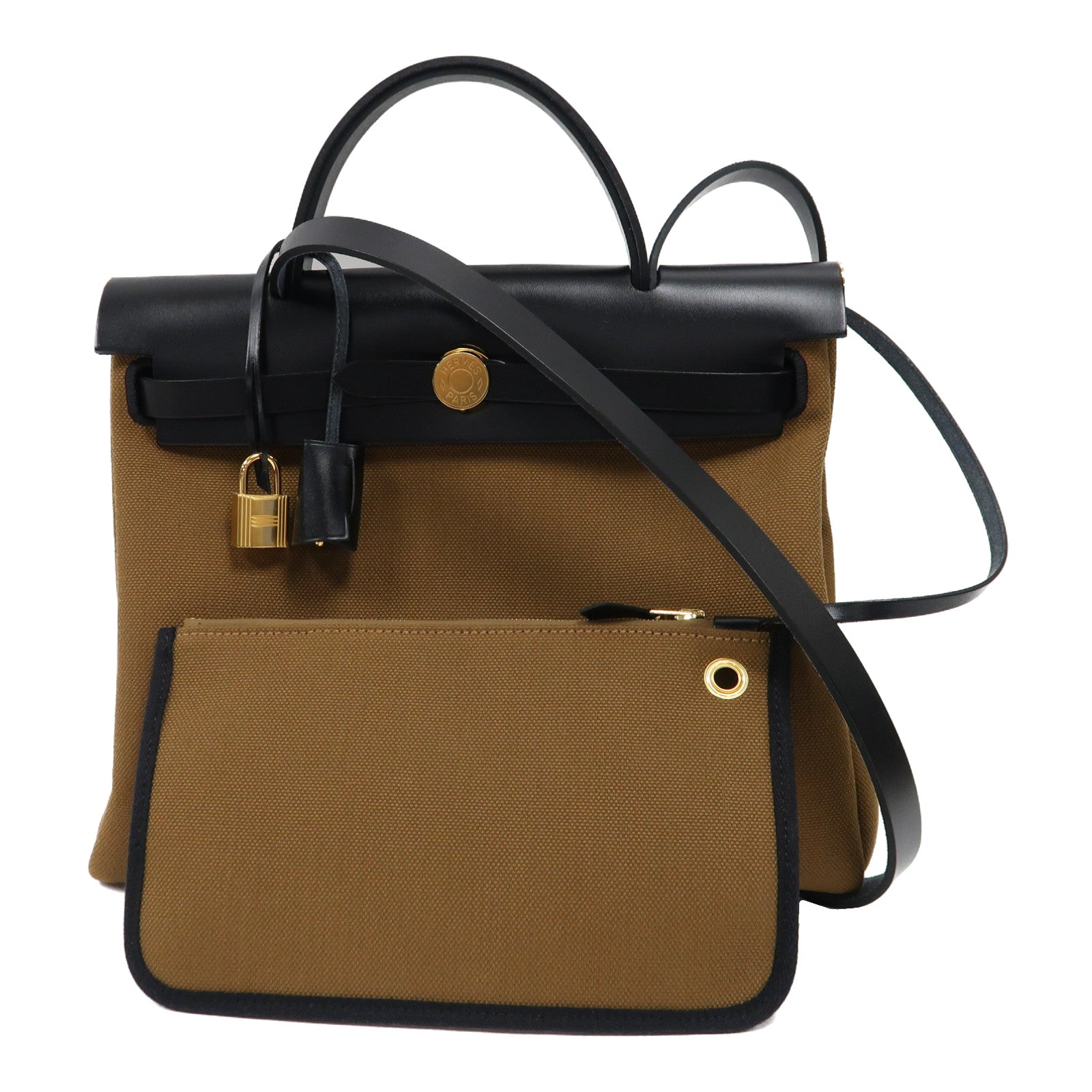 HERMES Toile Militaire帆布Herbag PM銀扣手挽肩背兩用袋粟子色/黑色