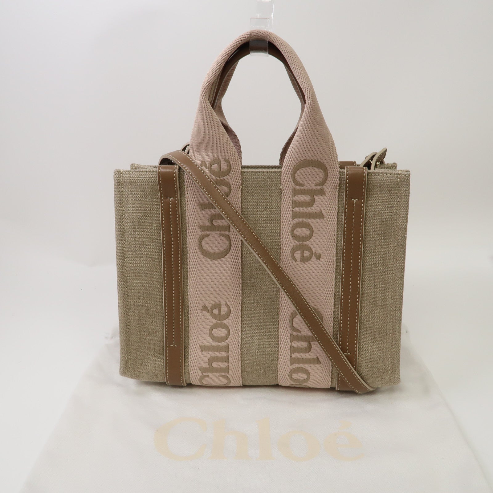 Chloe 帆布Small Woody Tote Bag金扣手挽肩背兩用袋啡色/粉紅色