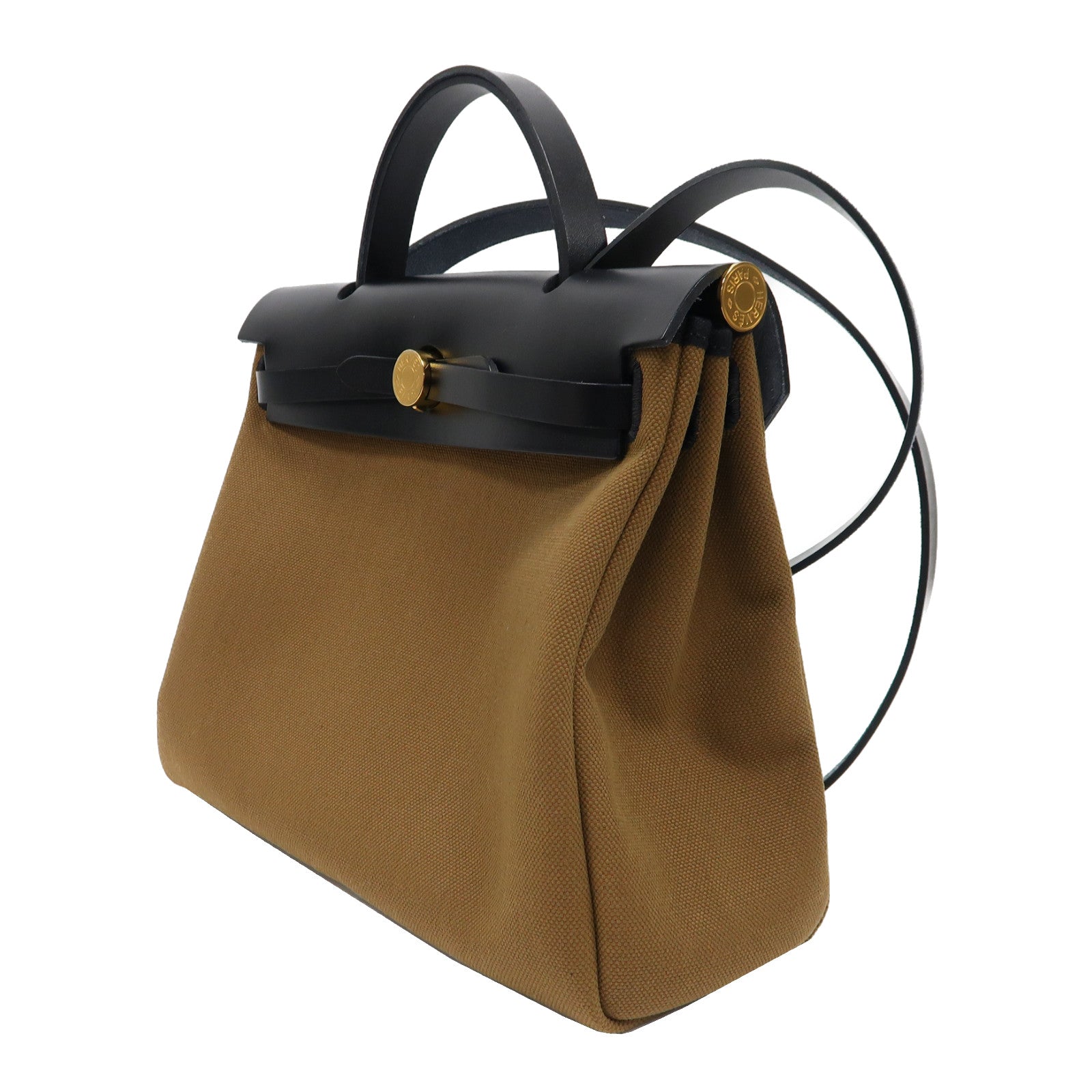 HERMES Toile Militaire帆布Herbag PM銀扣手挽肩背兩用袋粟子色/黑色
