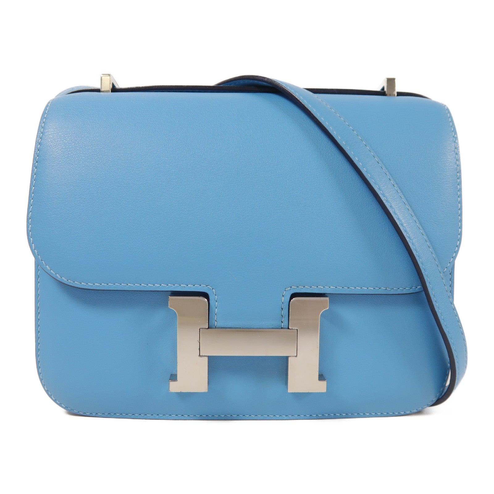 HERMES Swift皮革Constance Mini銀扣肩背袋Bleu du Nord