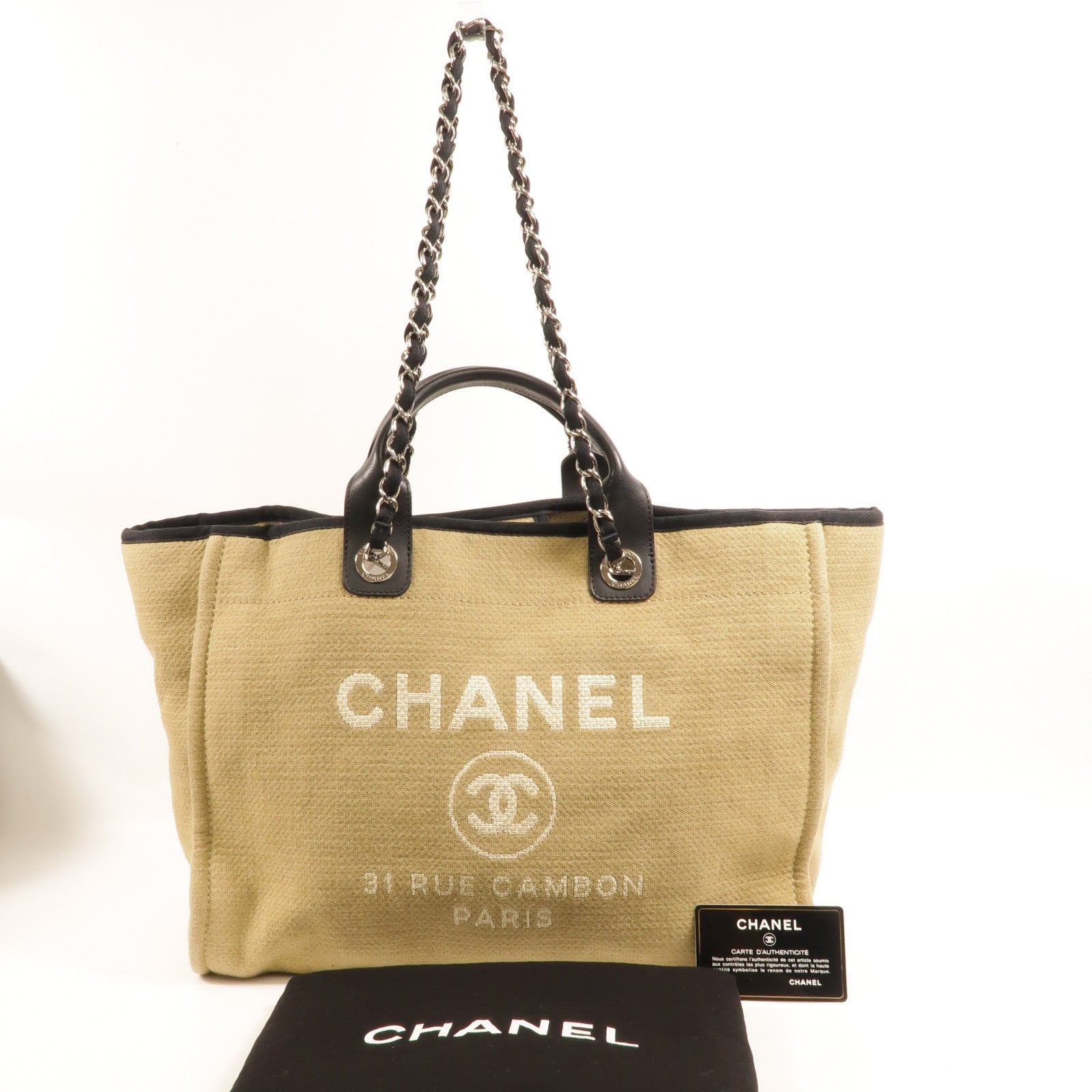 CHANEL 帆布Deauville Tote Medium鏈帶手挽肩背兩用袋
