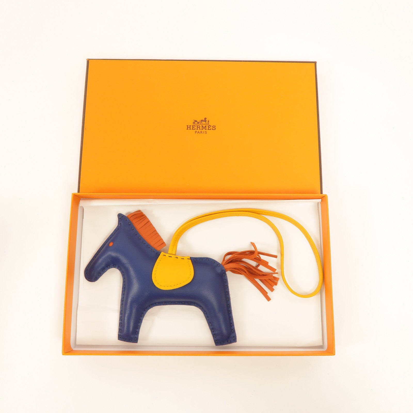HERMES Milo皮革Rodeo MM掛飾Bleu de Malte/Amber/Orange Poppy