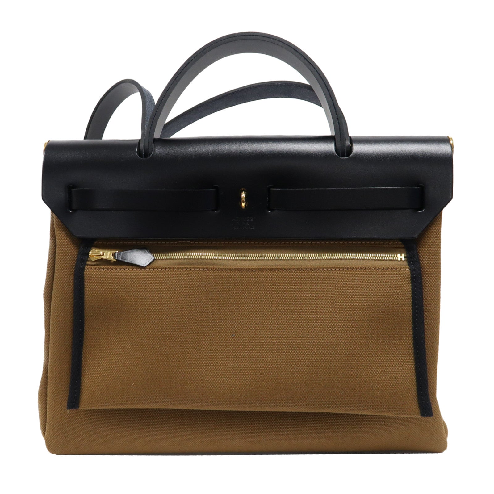 HERMES Toile Militaire帆布Herbag PM銀扣手挽肩背兩用袋粟子色/黑色