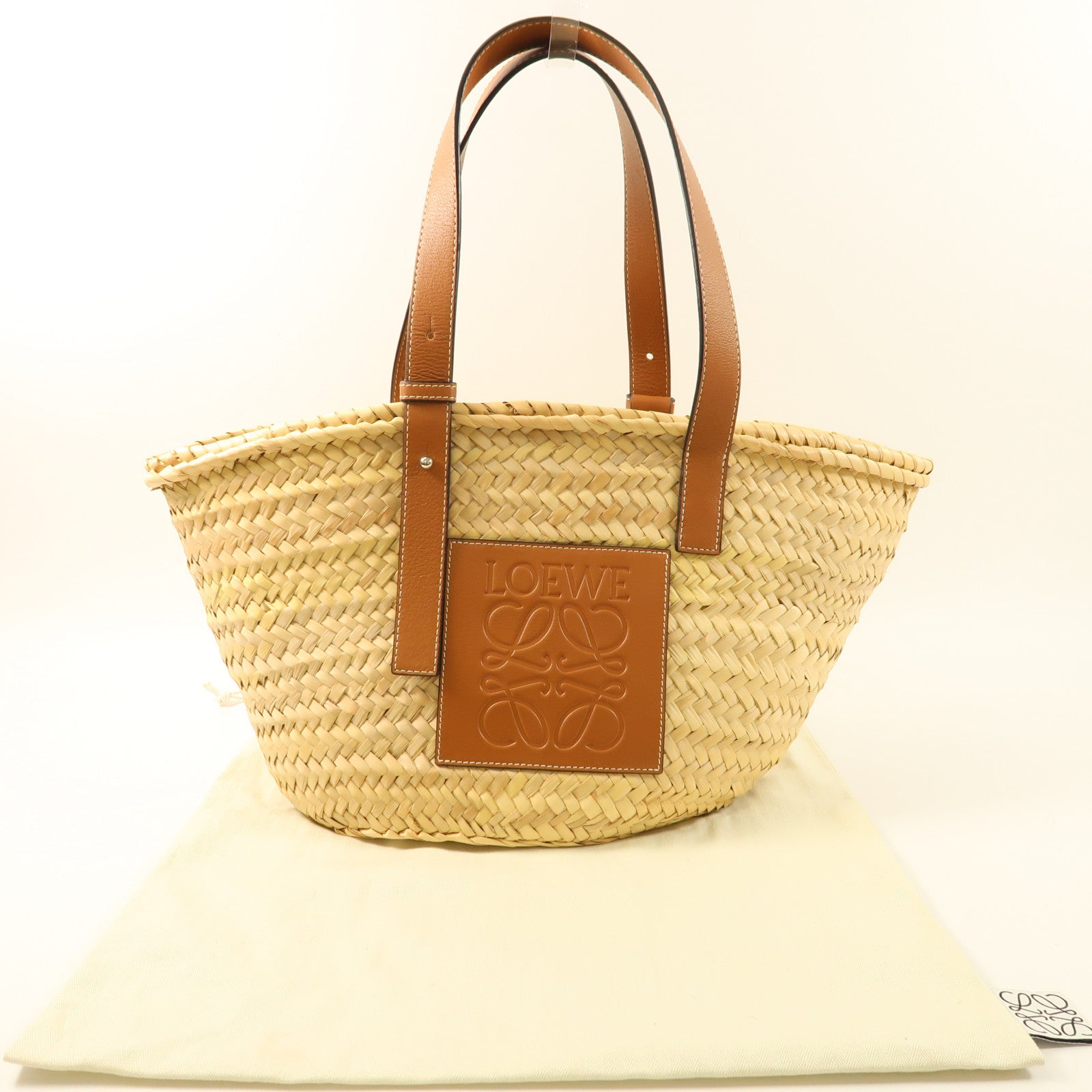 LOEWE Raffia Leather Trimmed Basket Bag銀扣肩背袋