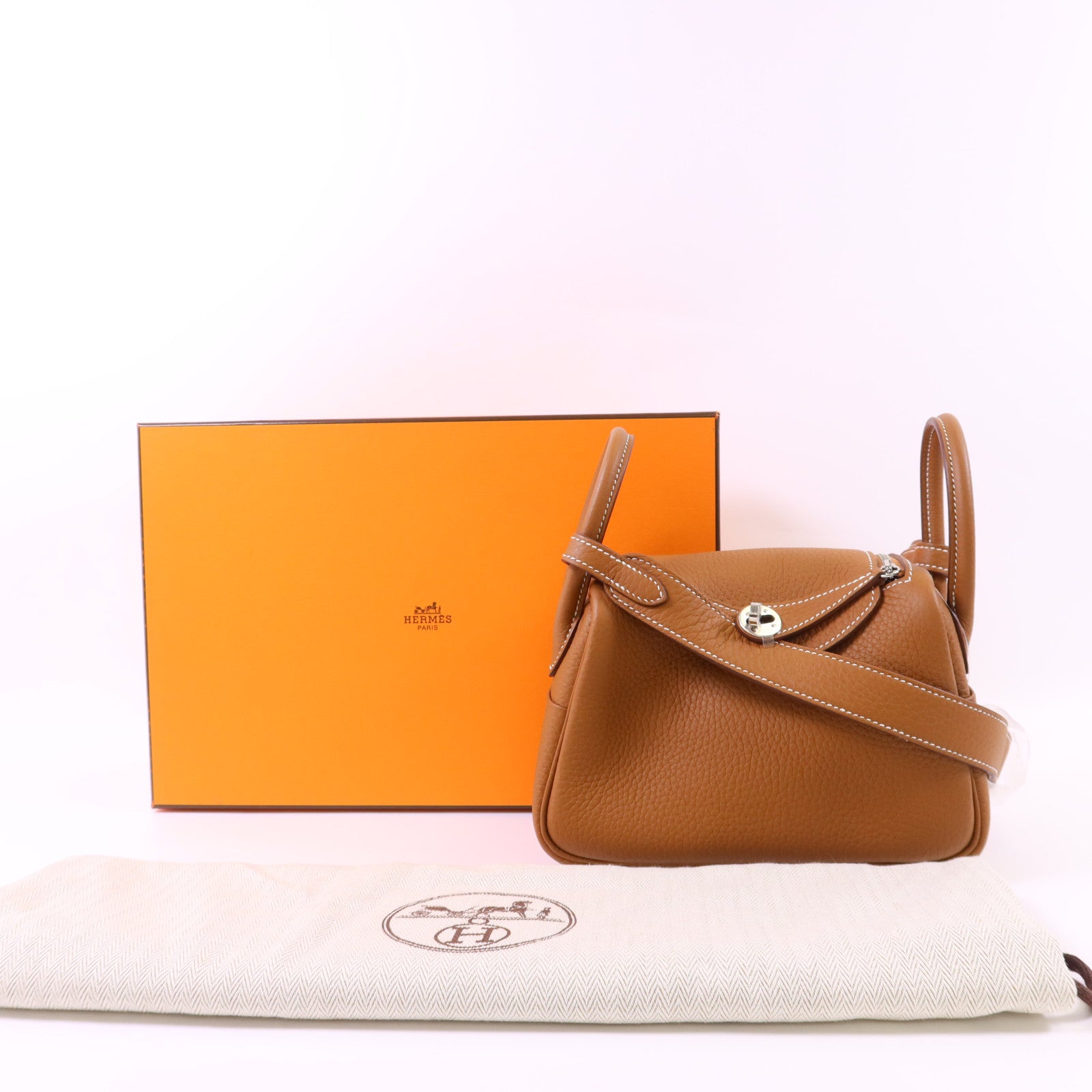 HERMES 【激減優惠】Clemence皮革Mini Lindy銀扣手挽肩背兩用袋Gold
