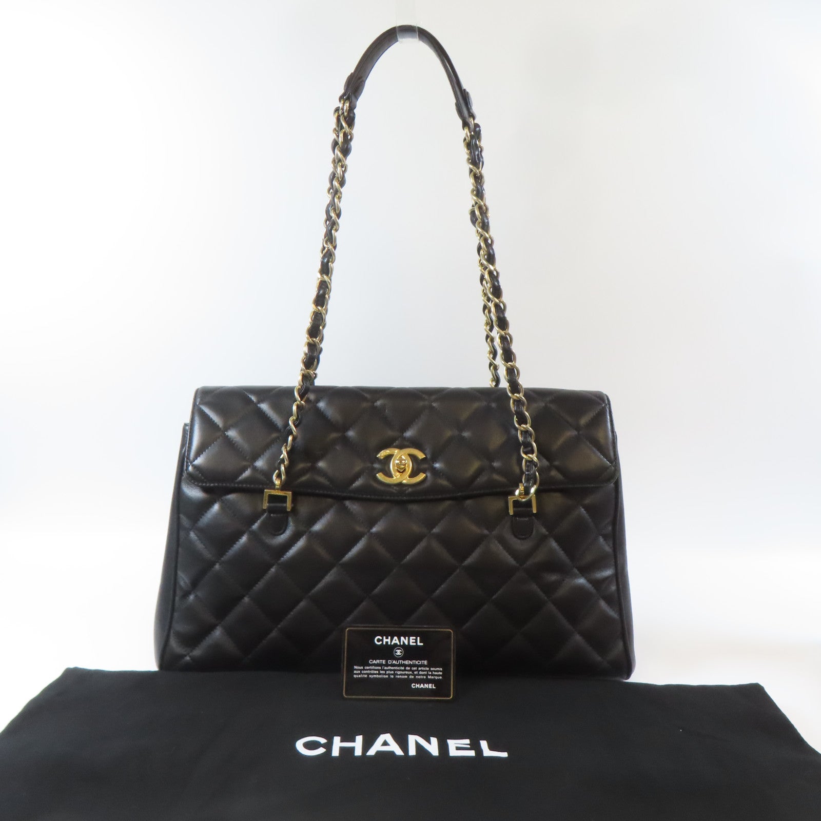 CHANEL 菱格羊皮皮革Chain Tote金扣鏈帶肩背袋黑色
