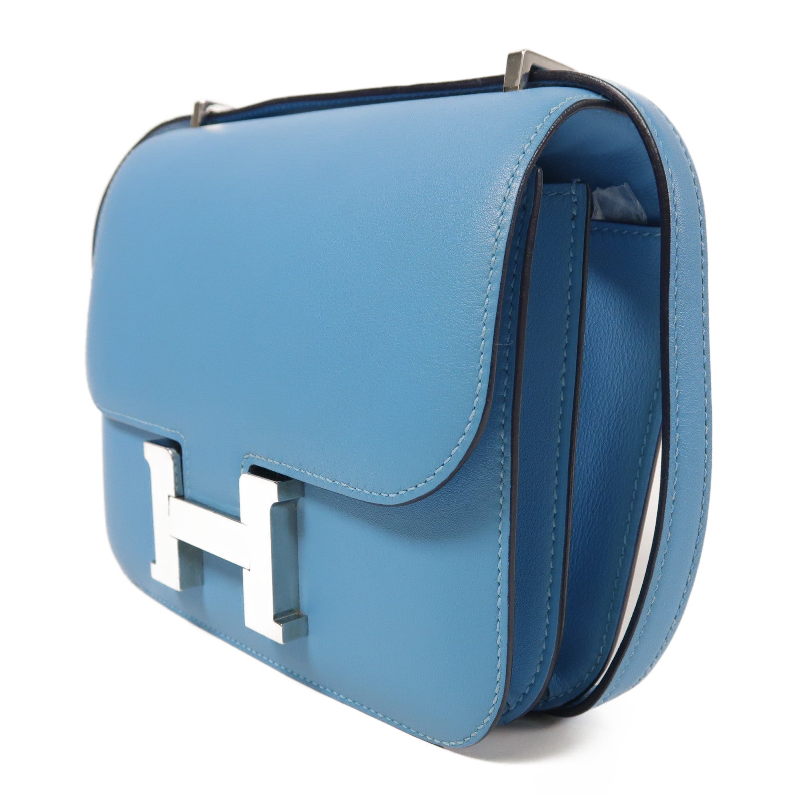 HERMES Swift皮革Constance Mini銀扣肩背袋Bleu du Nord