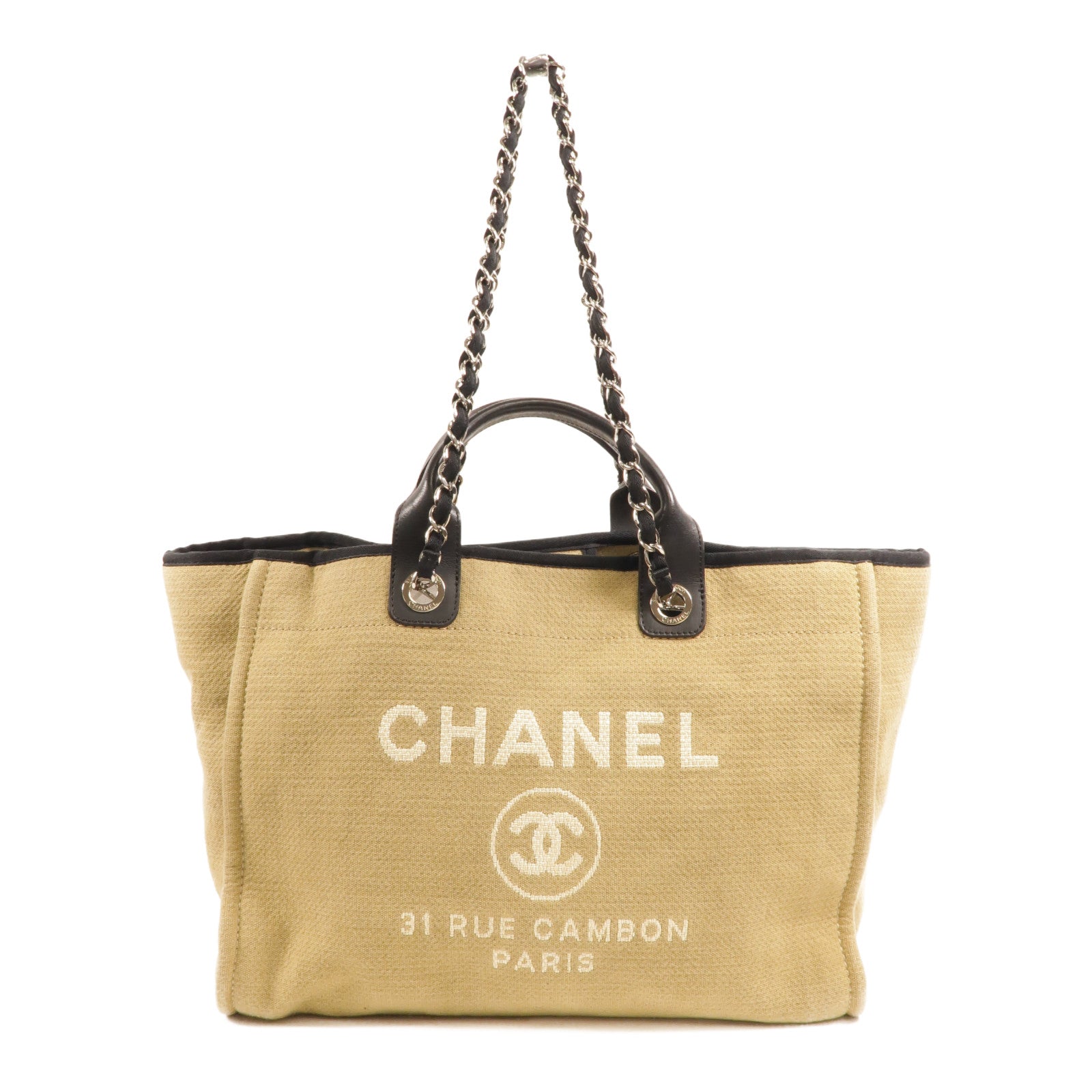 CHANEL 帆布Deauville Tote Medium鏈帶手挽肩背兩用袋