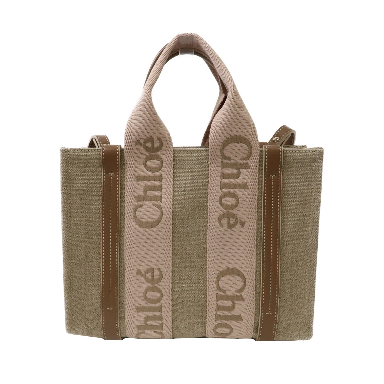 Chloe 帆布Small Woody Tote Bag金扣手挽肩背兩用袋啡色/粉紅色