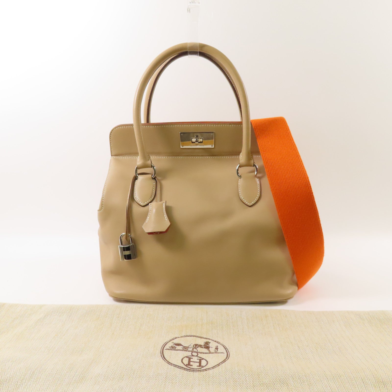 HERMES Swift皮革Toolbox 26銀扣手挽肩背兩用袋Argile/淺褐色