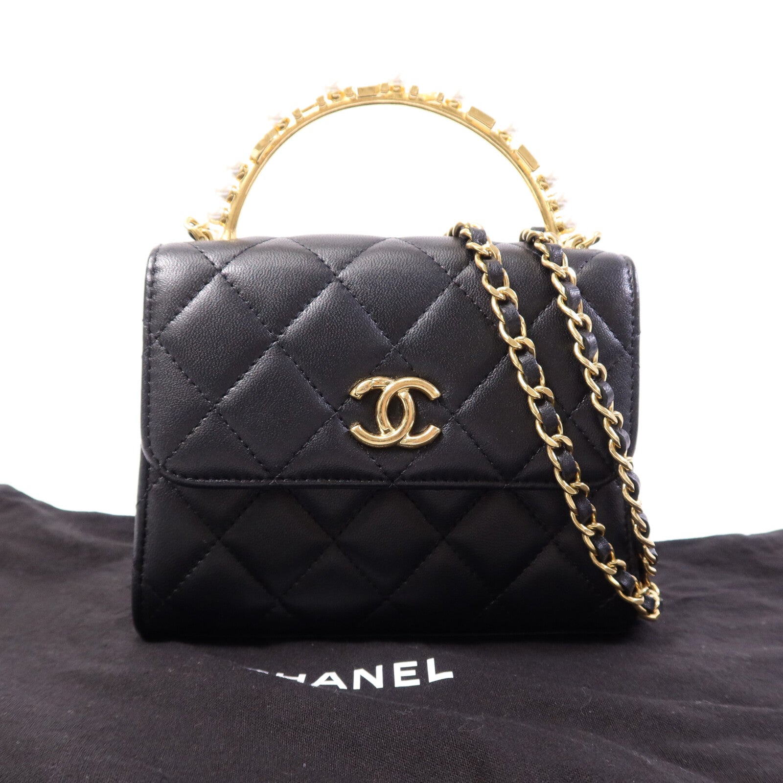 CHANEL 羊皮皮革Mini Flap Bag With Top Handle金扣手挽肩背兩用袋
