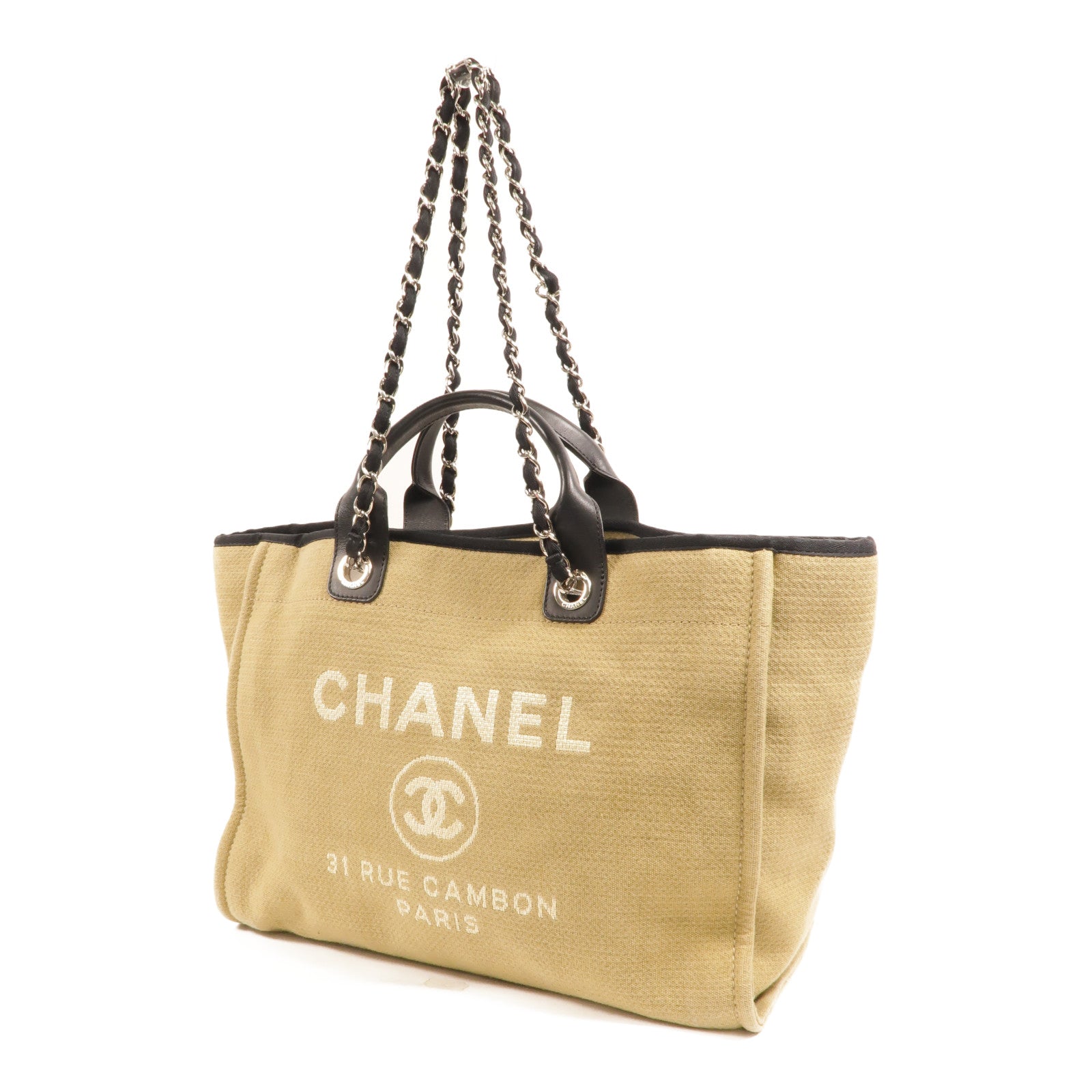 CHANEL 帆布Deauville Tote Medium鏈帶手挽肩背兩用袋