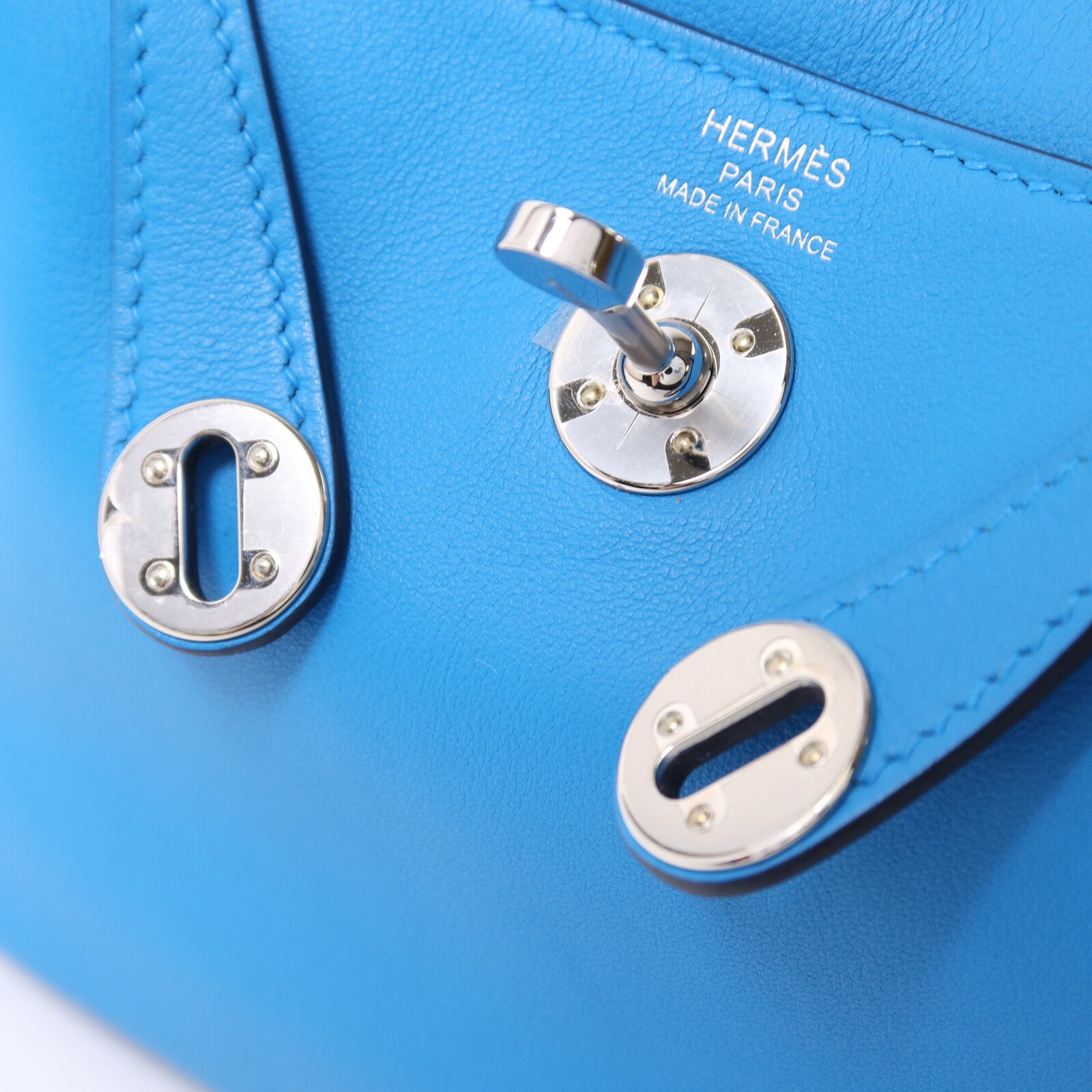 HERMES Swift皮革Mini Lindy銀扣手挽肩背兩用袋Bleu Frida