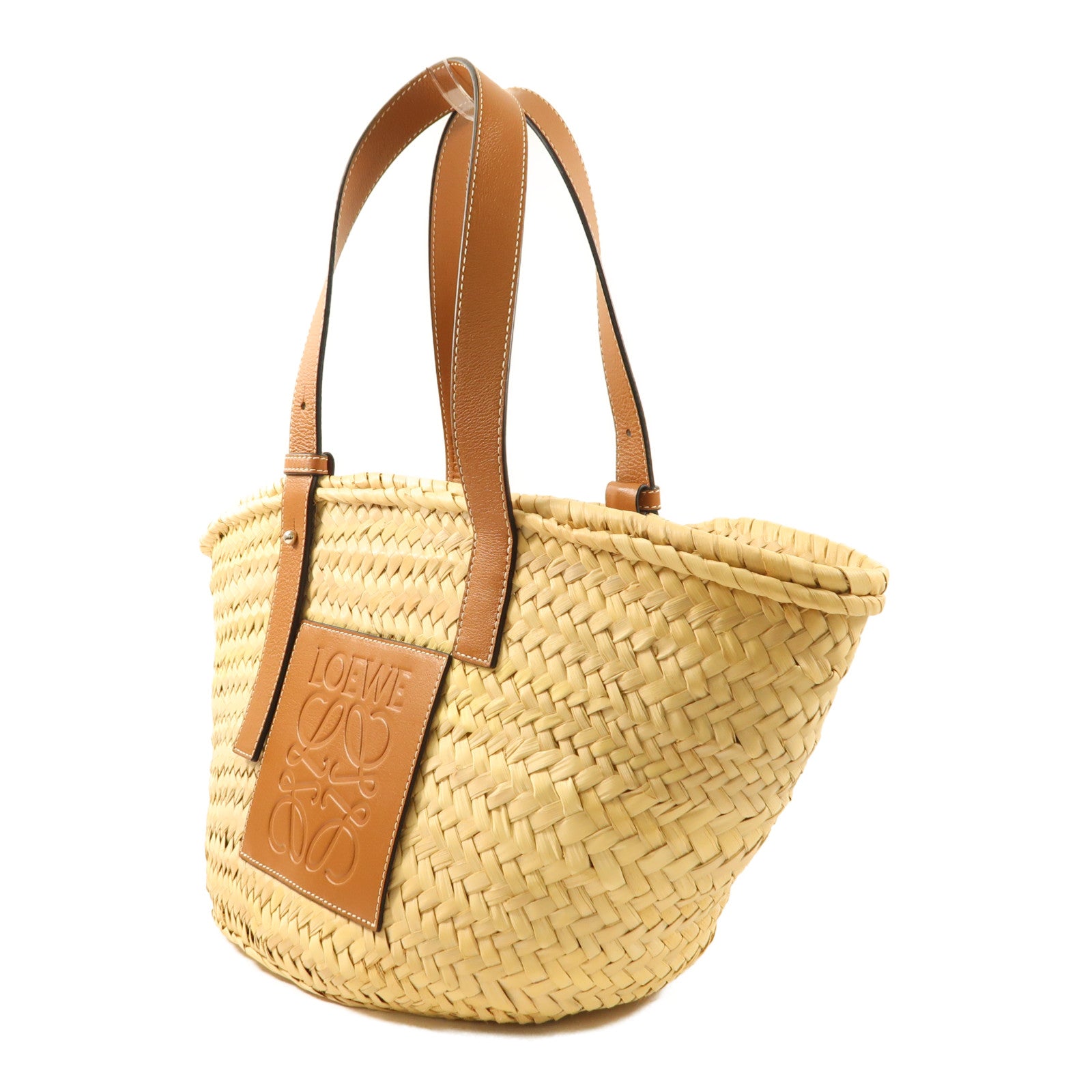 LOEWE Raffia Leather Trimmed Basket Bag銀扣肩背袋
