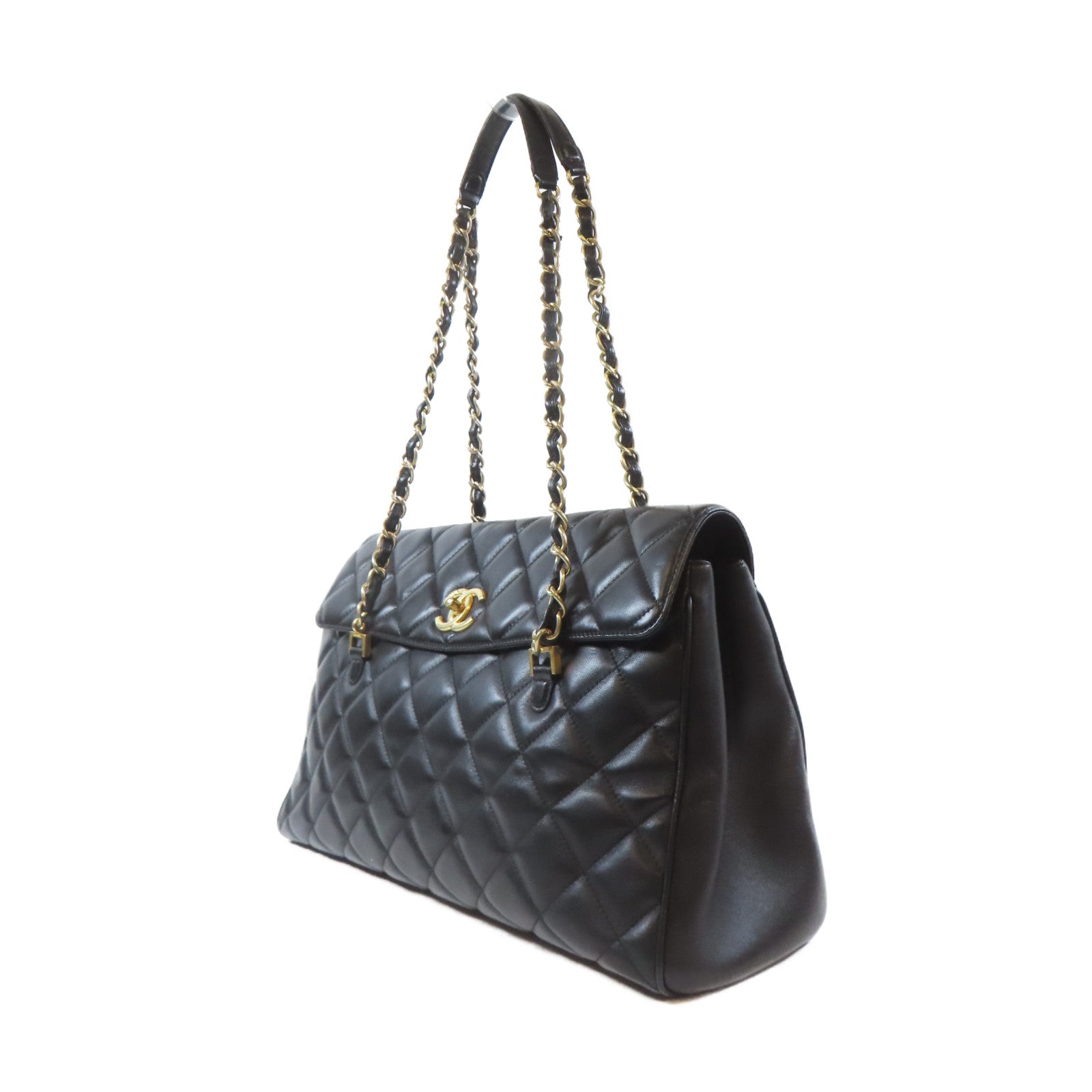CHANEL 菱格羊皮皮革Chain Tote金扣鏈帶肩背袋黑色