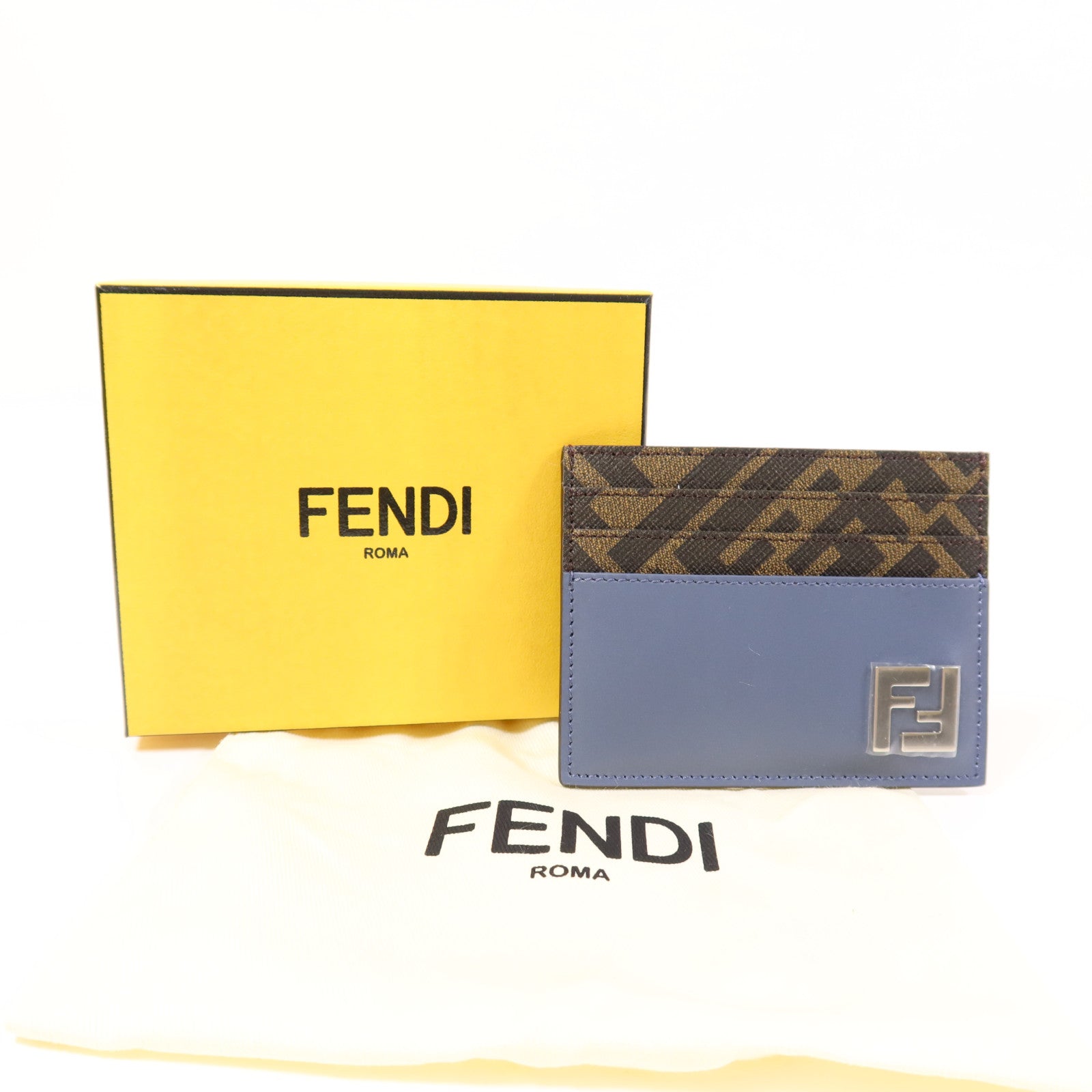 FENDI SHW Squared Card Case Leather/Coated Canvas Blue/Brown