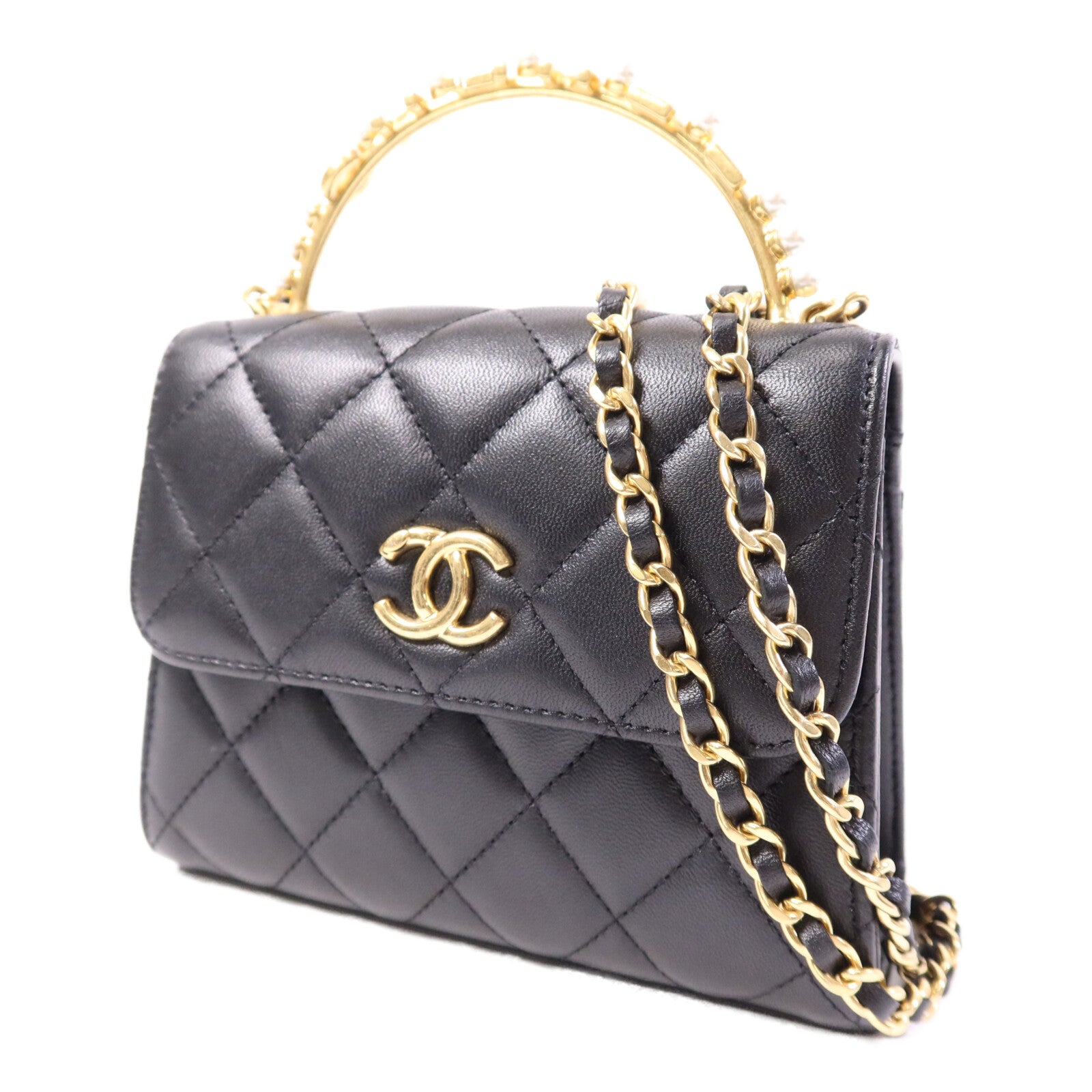 CHANEL 羊皮皮革Mini Flap Bag With Top Handle金扣手挽肩背兩用袋