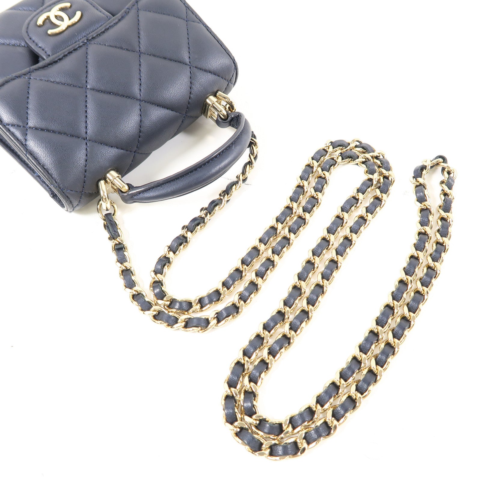 CHANEL 菱格羊皮皮革Matrasse Mini金扣鏈帶手挽肩背兩用袋深藍色