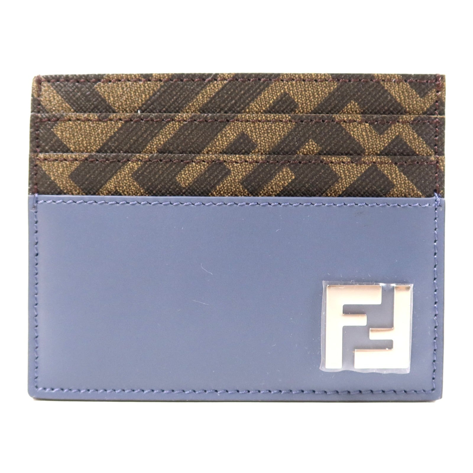 FENDI SHW Squared Card Case Leather/Coated Canvas Blue/Brown 7341