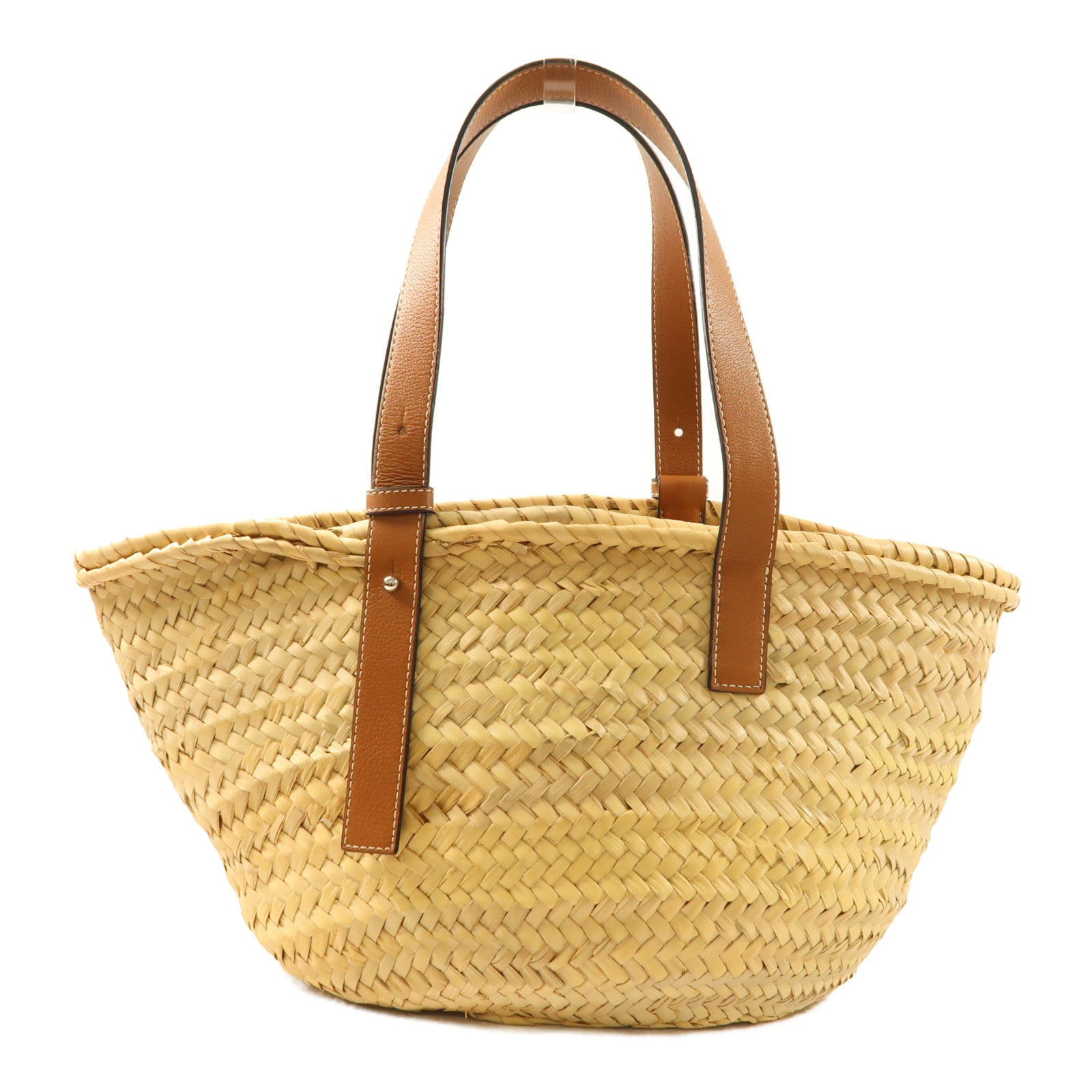 LOEWE Raffia Leather Trimmed Basket Bag銀扣肩背袋
