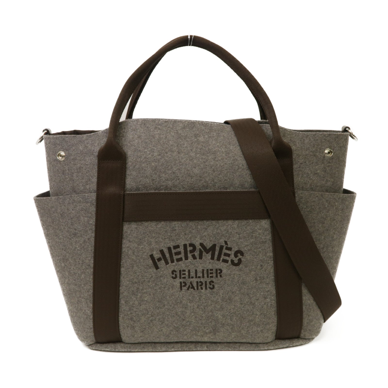 HERMES 羊毛Pansage Groom銀扣手挽肩背兩用袋灰色