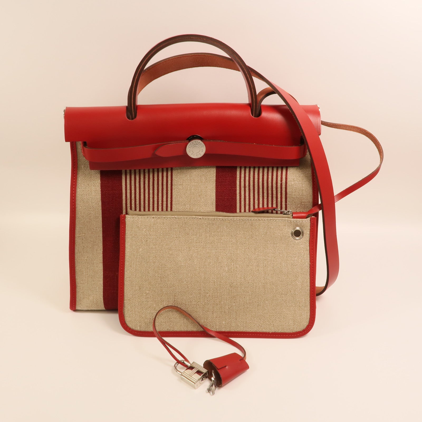 HERMES Toile H帆布Herbag PM手挽肩背兩用袋Rouge Piment/Bordeaux